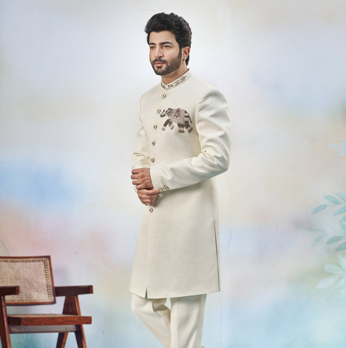 Cream Indo-Western Sherwani for Men | Indian Groom Wedding Outfit