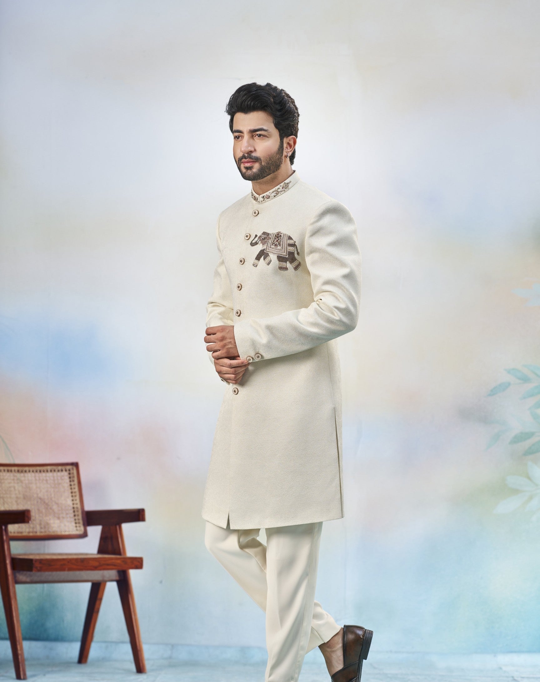 Cream Indo-Western Sherwani for Men | Indian Groom Wedding Outfit