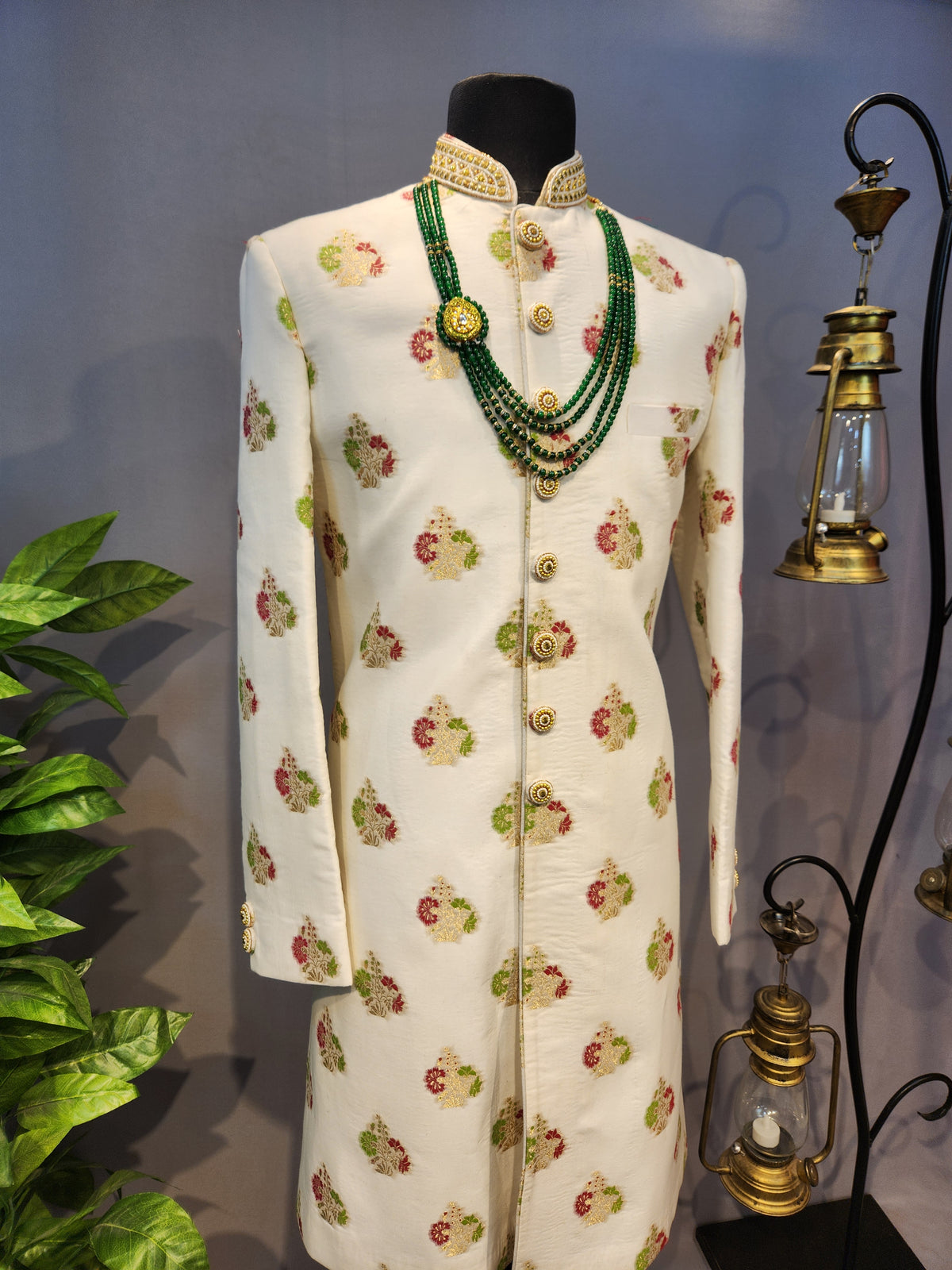 White Wedding Groom Sherwani - Benarasi Fabric | Sherwani For Men