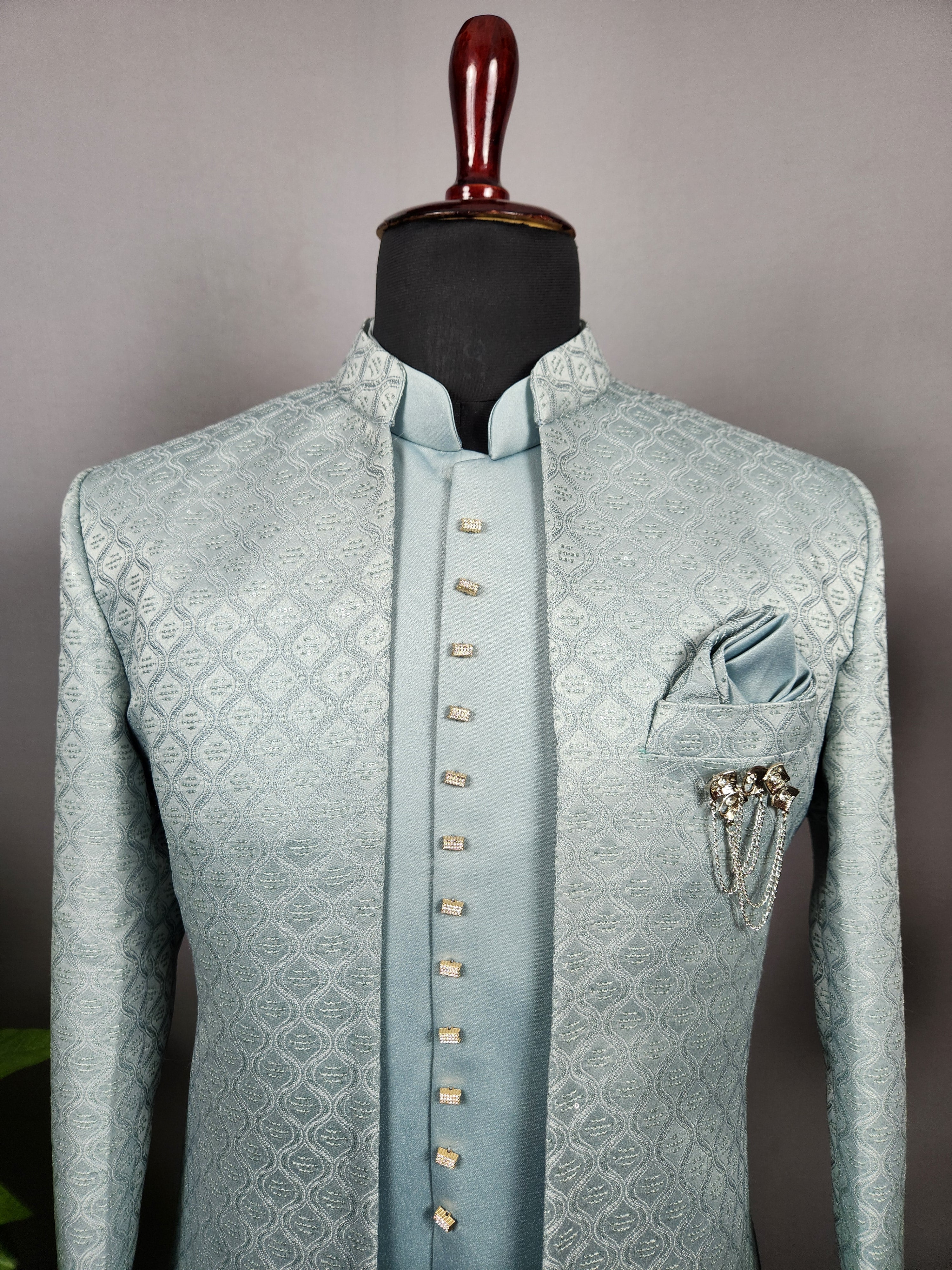 Sea Green Indo-Western Sherwani for Men | Indian Groom Wedding Outfit