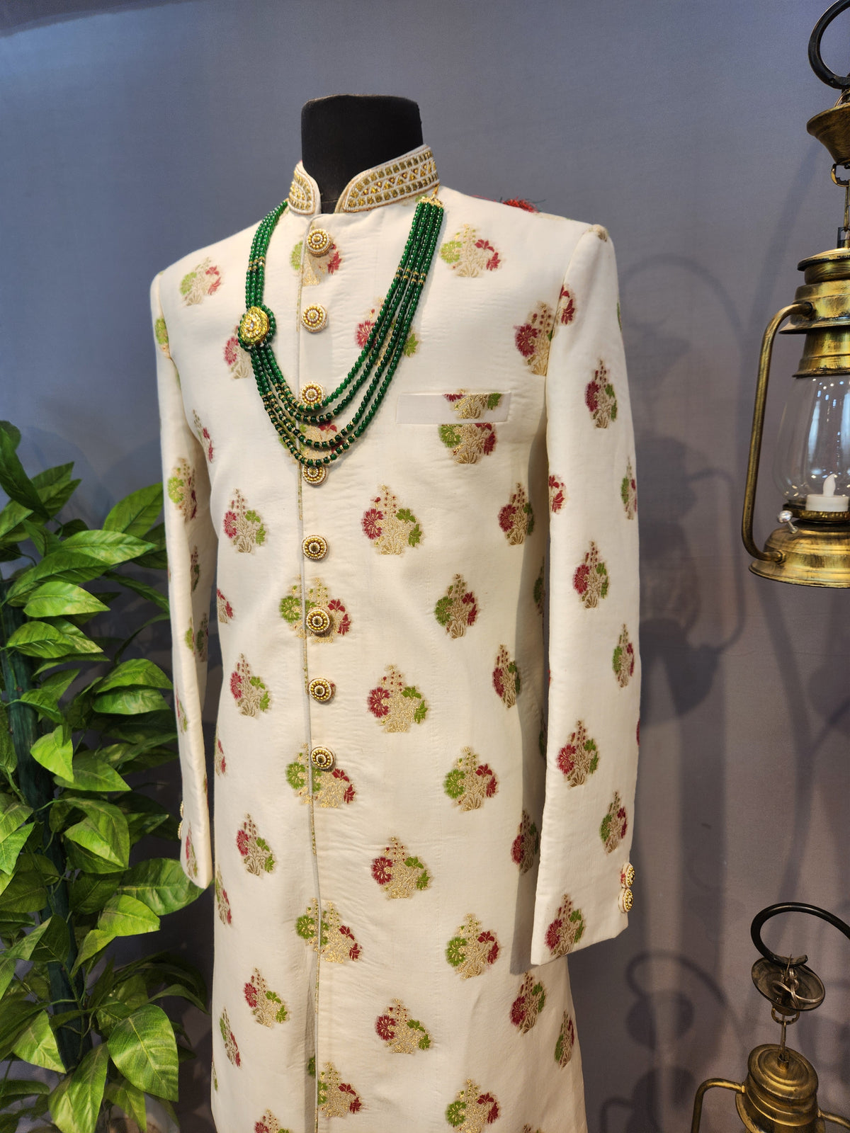 White Wedding Groom Sherwani - Benarasi Fabric | Sherwani For Men