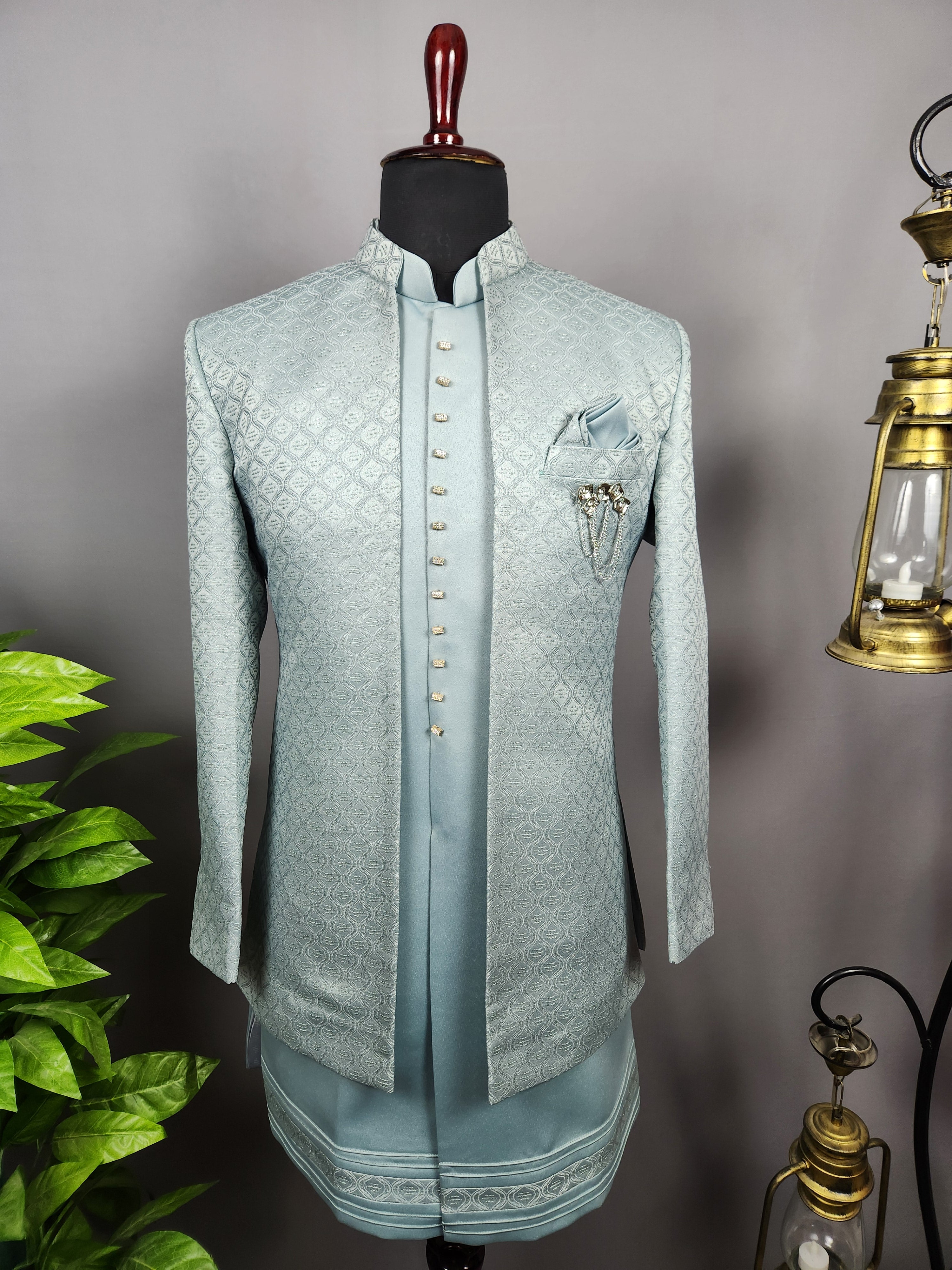 Sea Green Indo-Western Sherwani for Men | Indian Groom Wedding Outfit