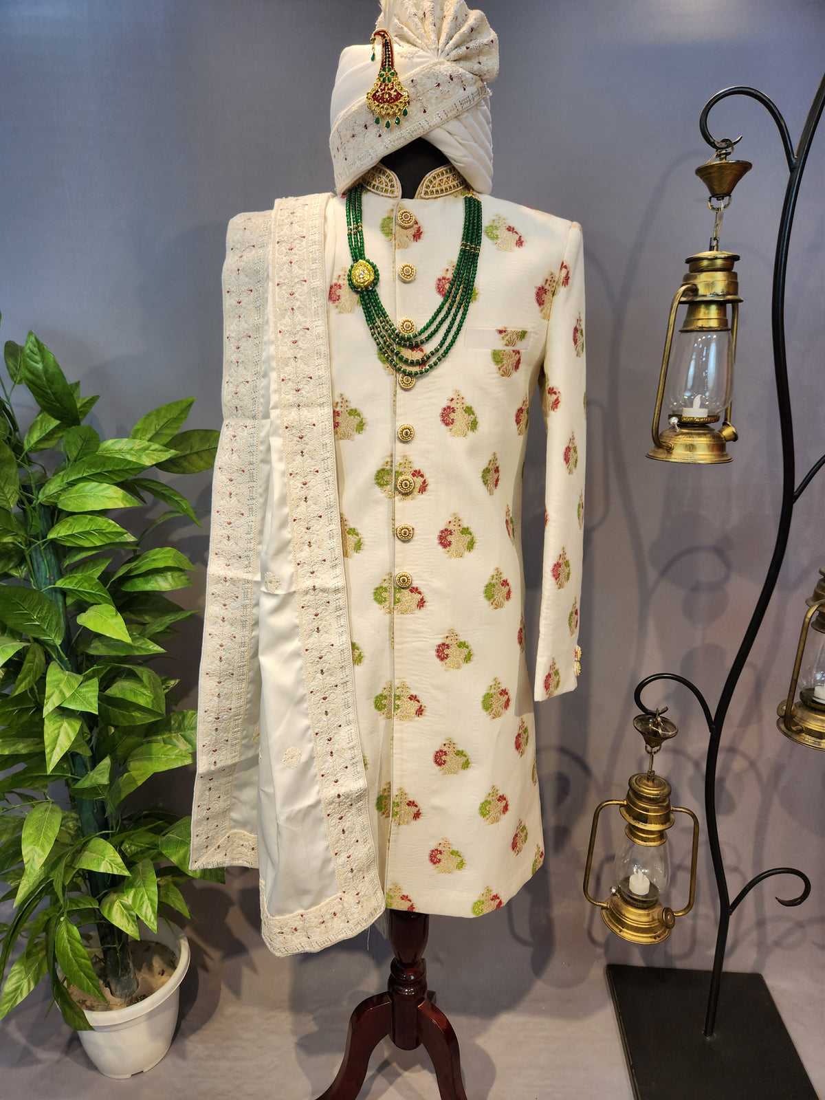 White Wedding Groom Sherwani - Benarasi Fabric | Sherwani For Men