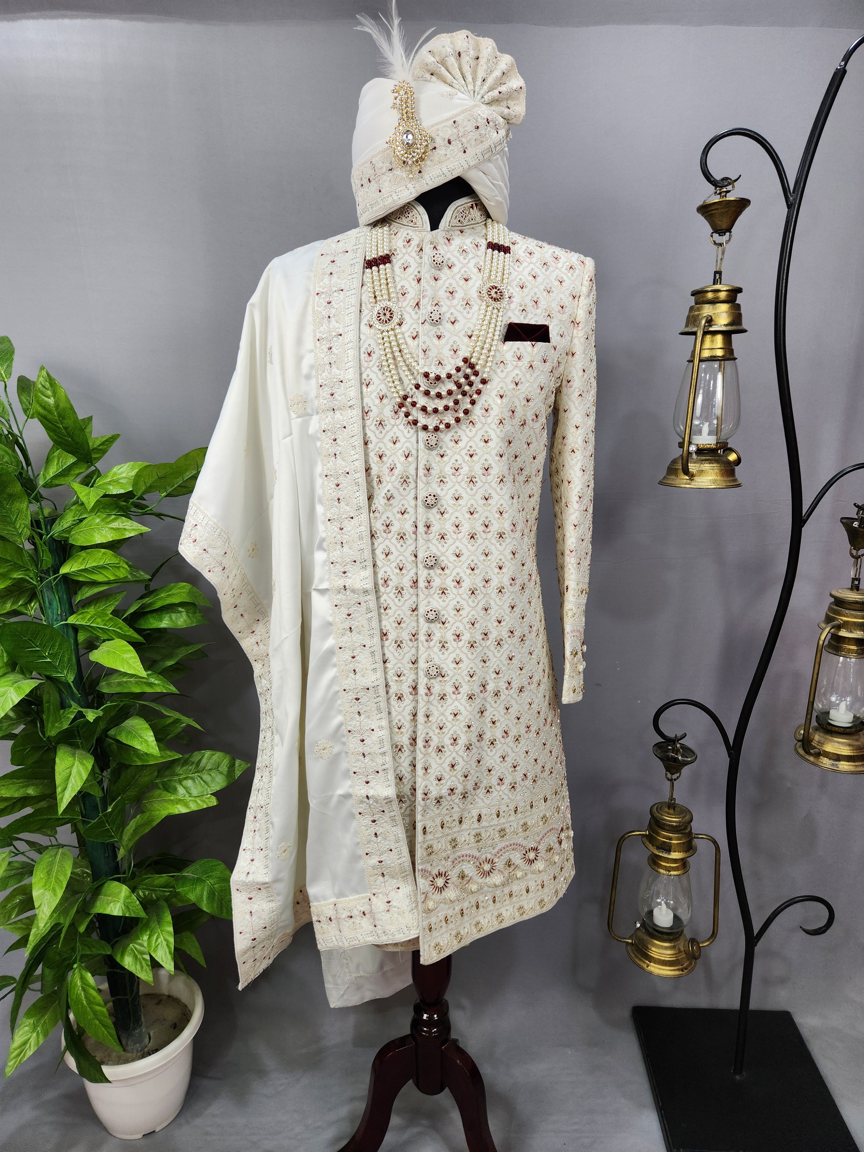 White Wedding Groom Sherwani - Diamonds, Floral Beads Work | Sherwani For Men