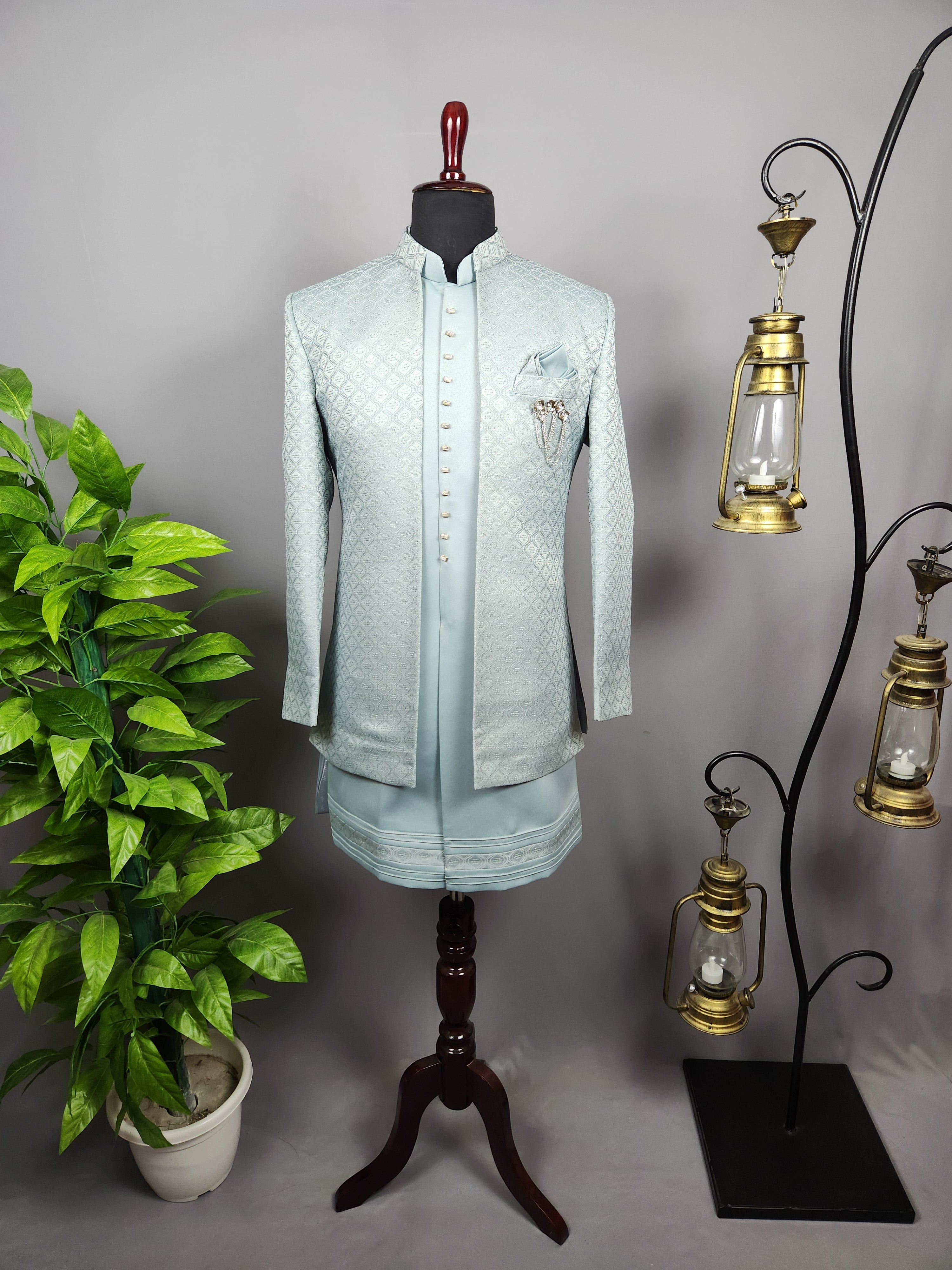 Sea Green Indo-Western Sherwani for Men | Indian Groom Wedding Outfit