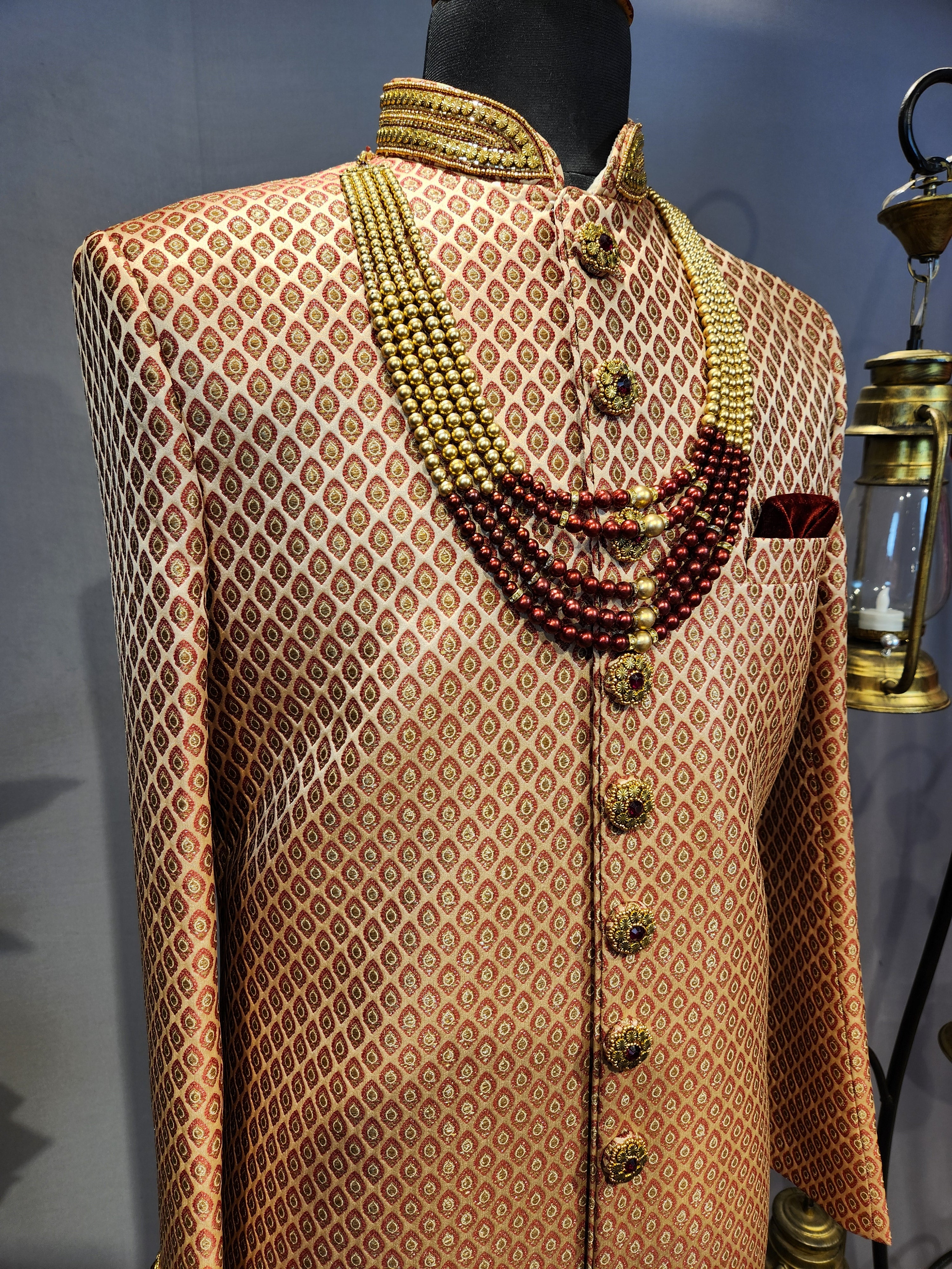 Copper Golden Wedding Groom Sherwani - Red Accent | Sherwani For Men