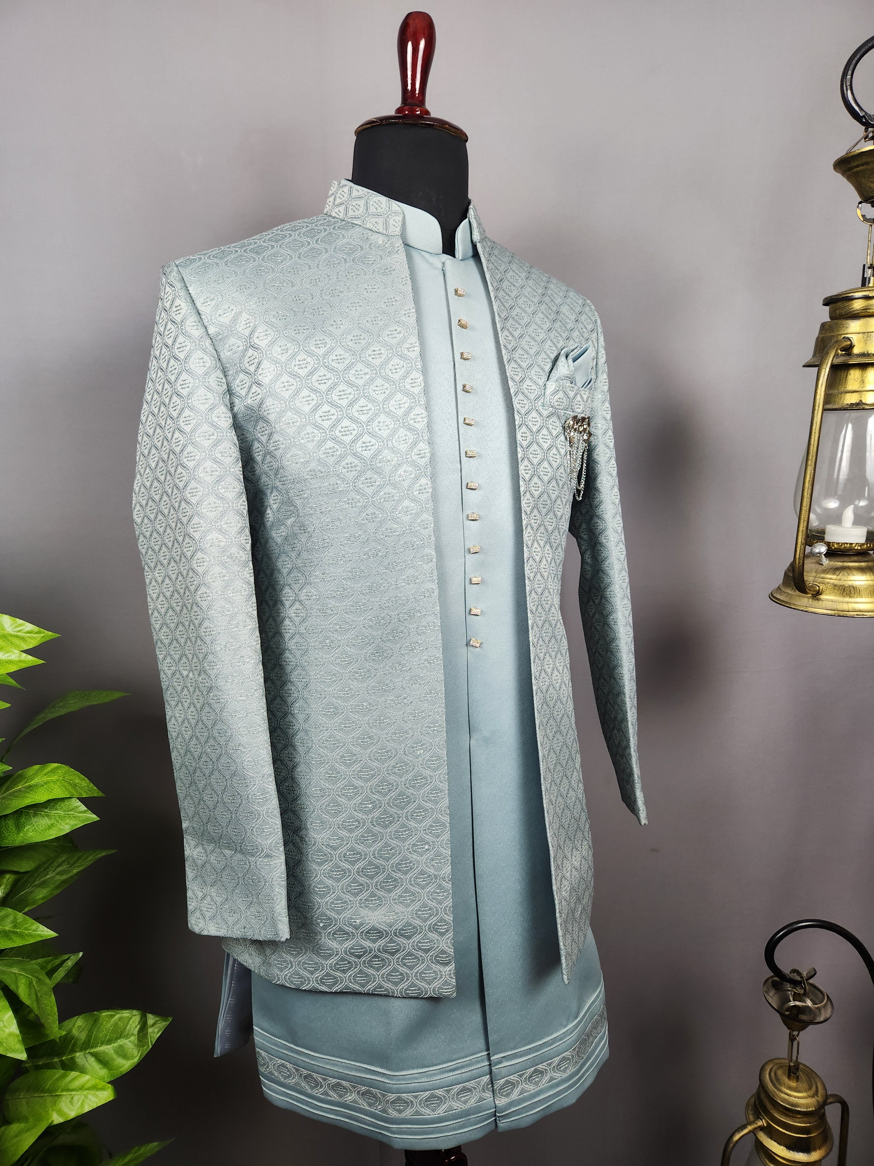 Sea Green Indo-Western Sherwani for Men | Indian Groom Wedding Outfit