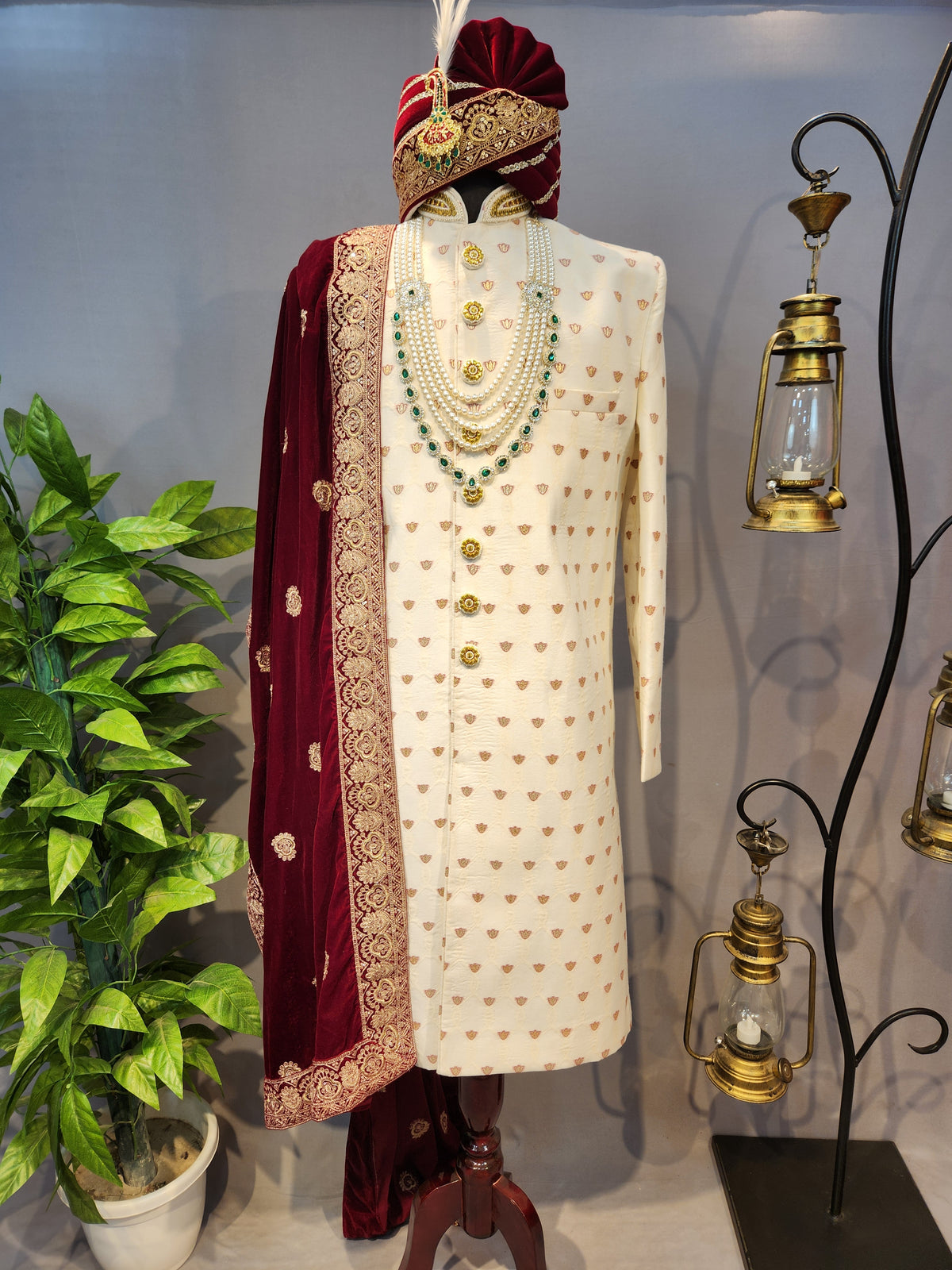 White Wedding Groom Sherwani - Benarasi Fabric | Sherwani For Men