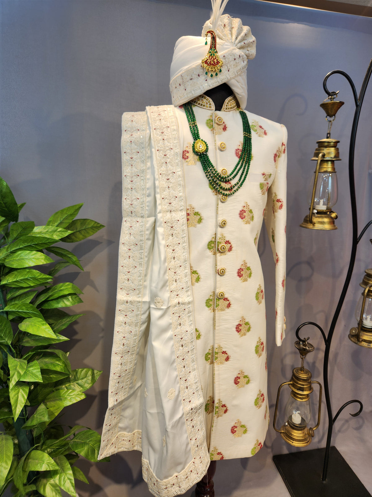 White Wedding Groom Sherwani - Benarasi Fabric | Sherwani For Men