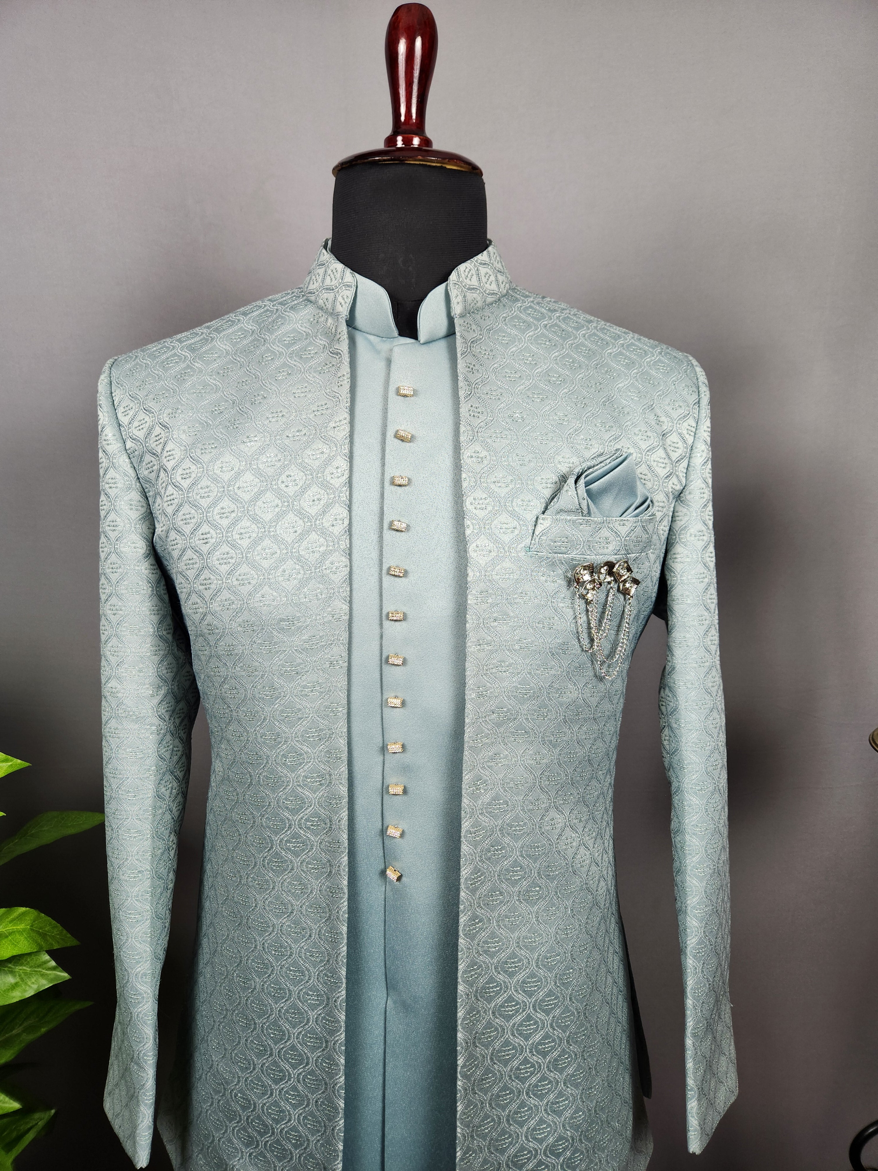 Sea Green Indo-Western Sherwani for Men | Indian Groom Wedding Outfit