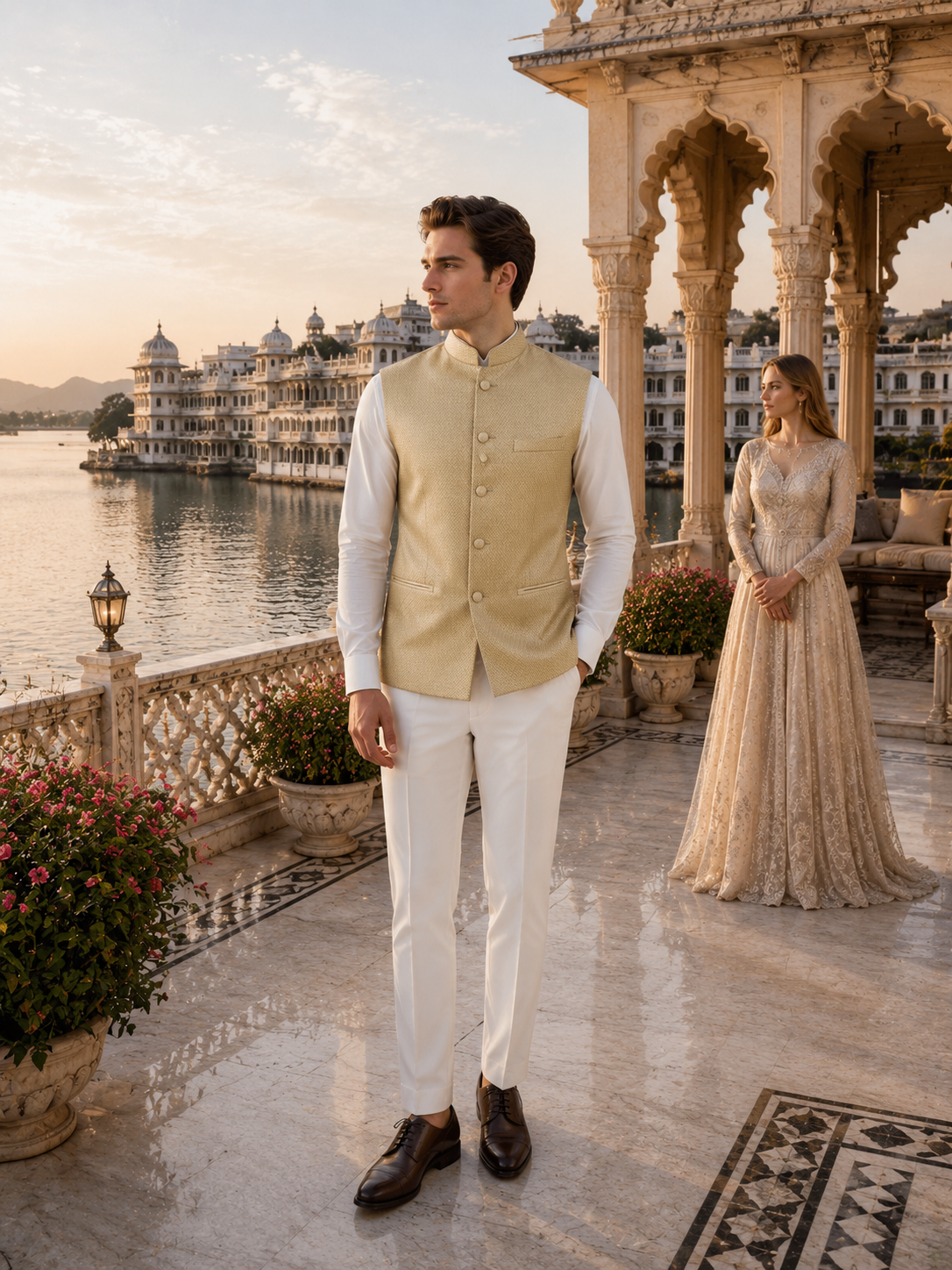 Golden Nehru Jacket for Men | Indian Ethnic Waistcoat for Weddings & Celebrations