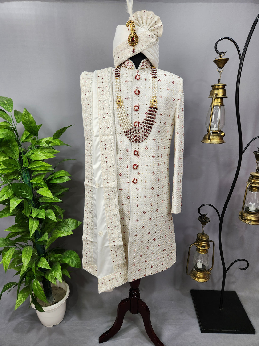 White Wedding Groom Sherwani - Beads, Cutdana Work | Sherwani For Men