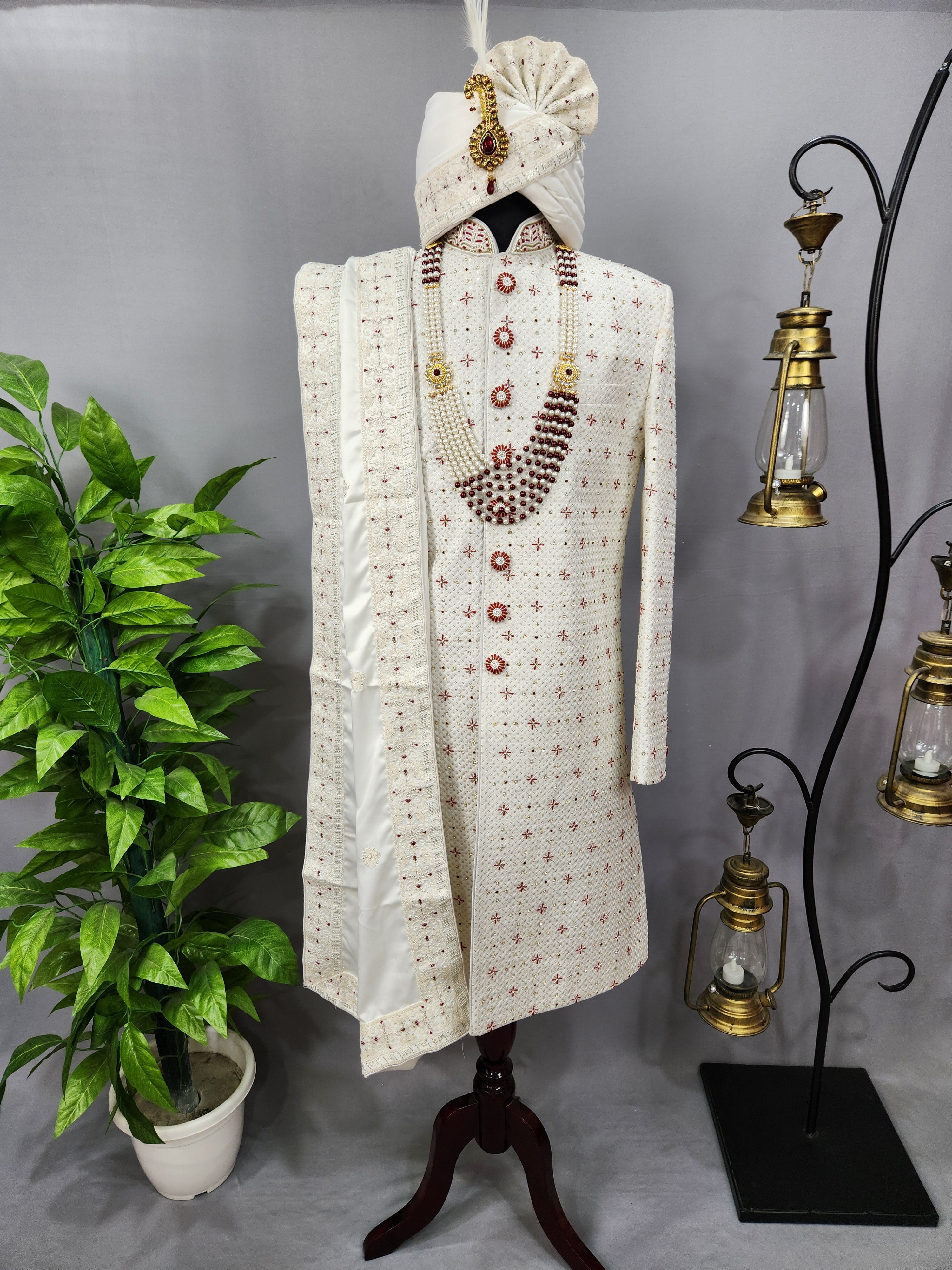 White Wedding Groom Sherwani - Beads, Cutdana Work | Sherwani For Men