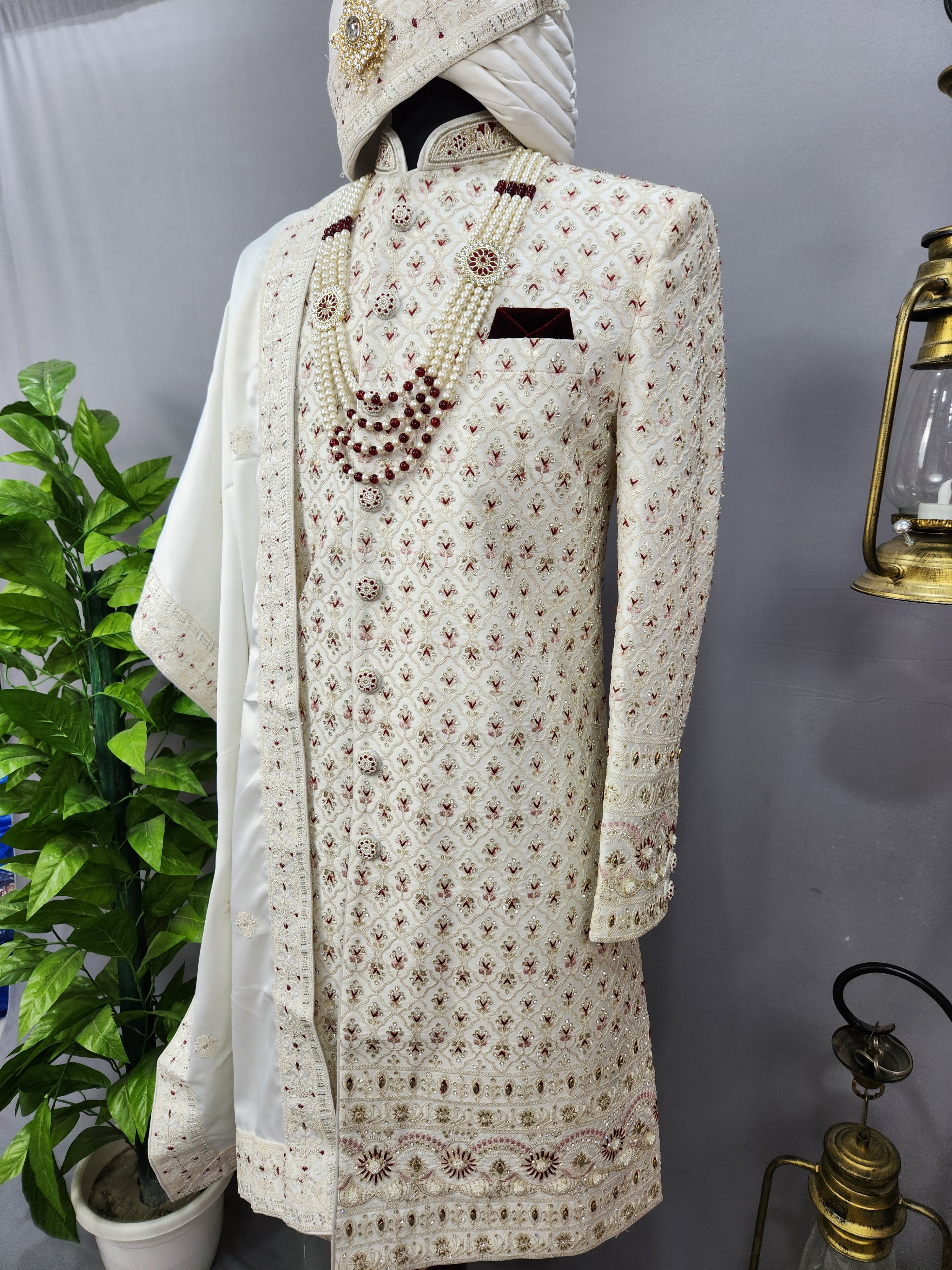 White Wedding Groom Sherwani - Diamonds, Floral Beads Work | Sherwani For Men