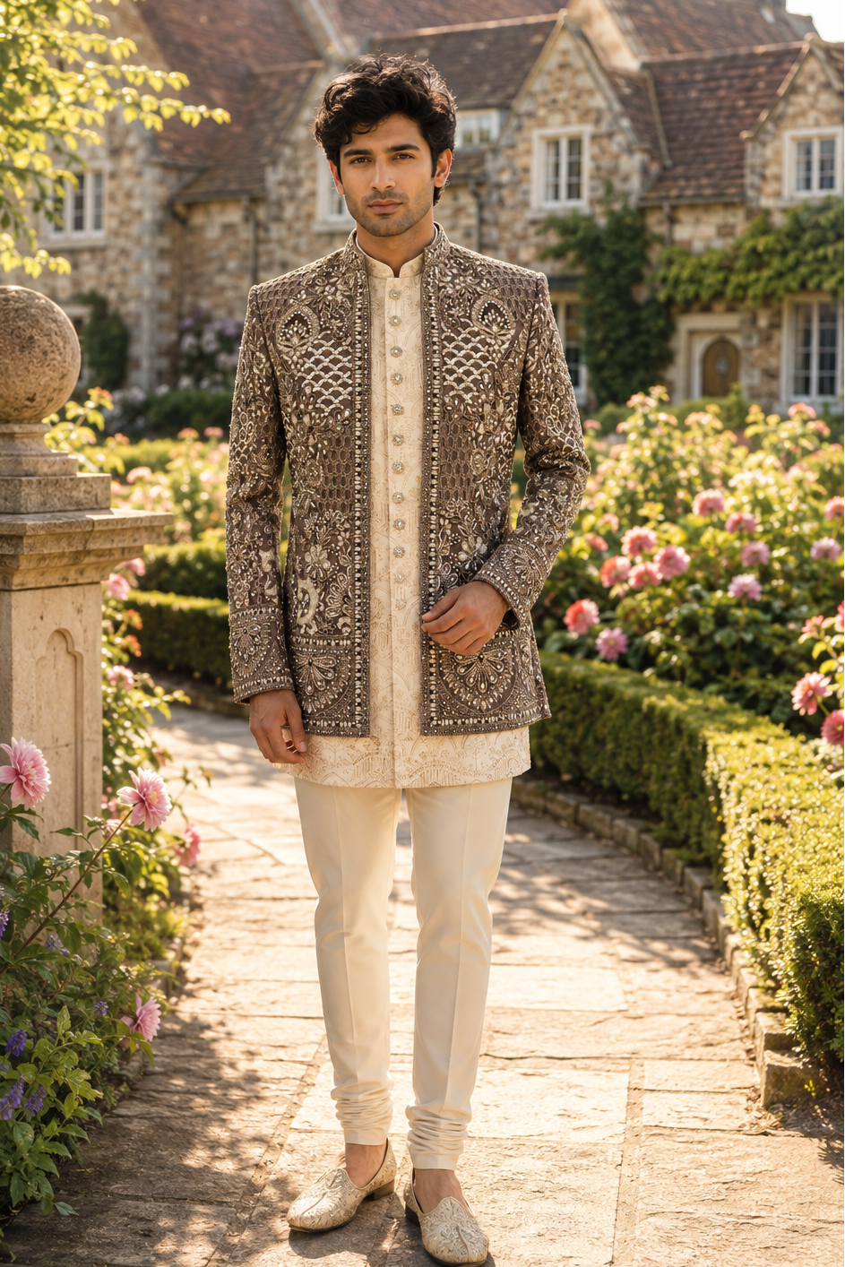 Champagne Beige Indo-Western Sherwani for Men | Indian Groom Wedding Outfit