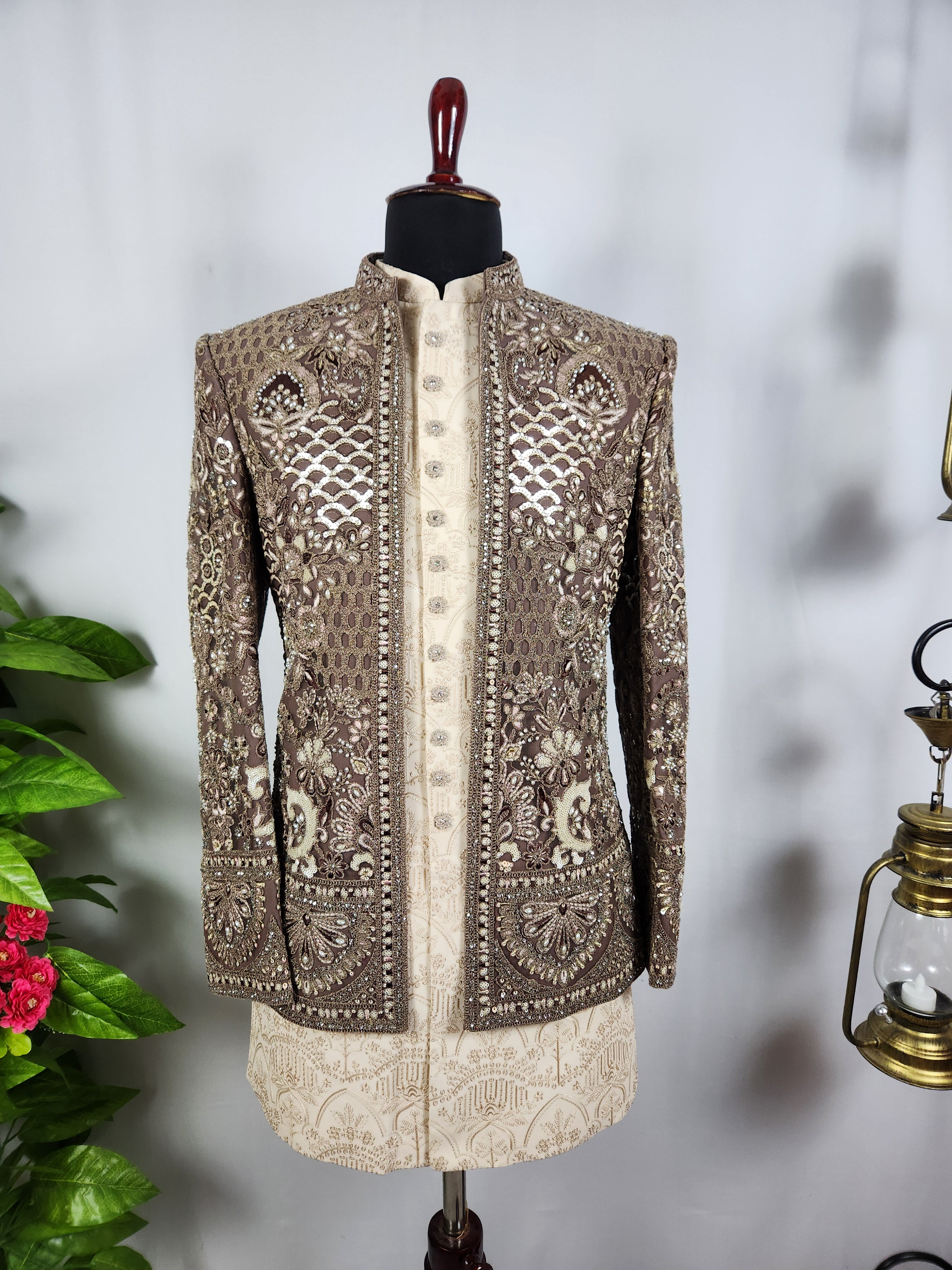 Champagne Beige Indo-Western Sherwani for Men | Indian Groom Wedding Outfit