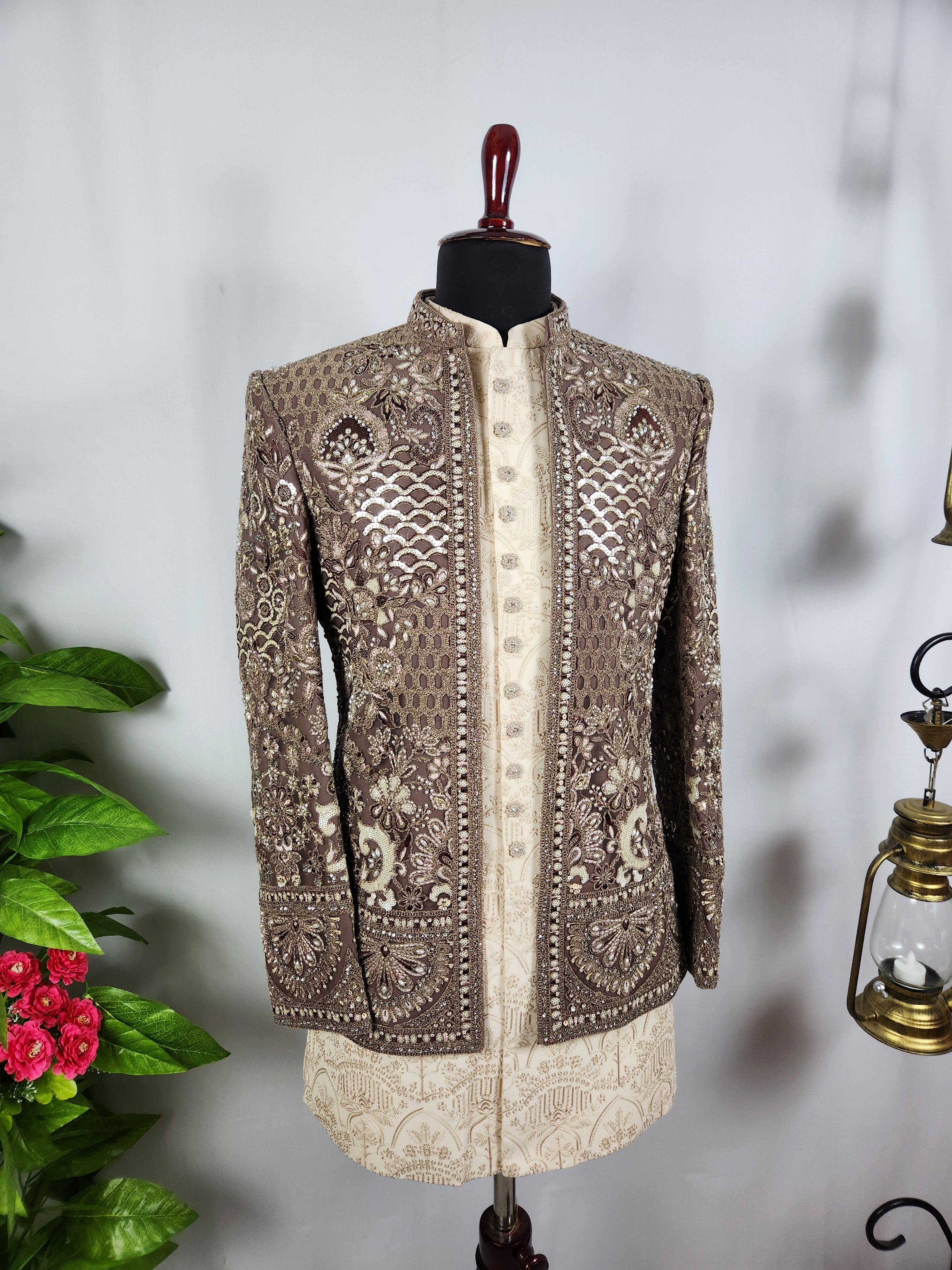 Champagne Beige Indo-Western Sherwani for Men | Indian Groom Wedding Outfit