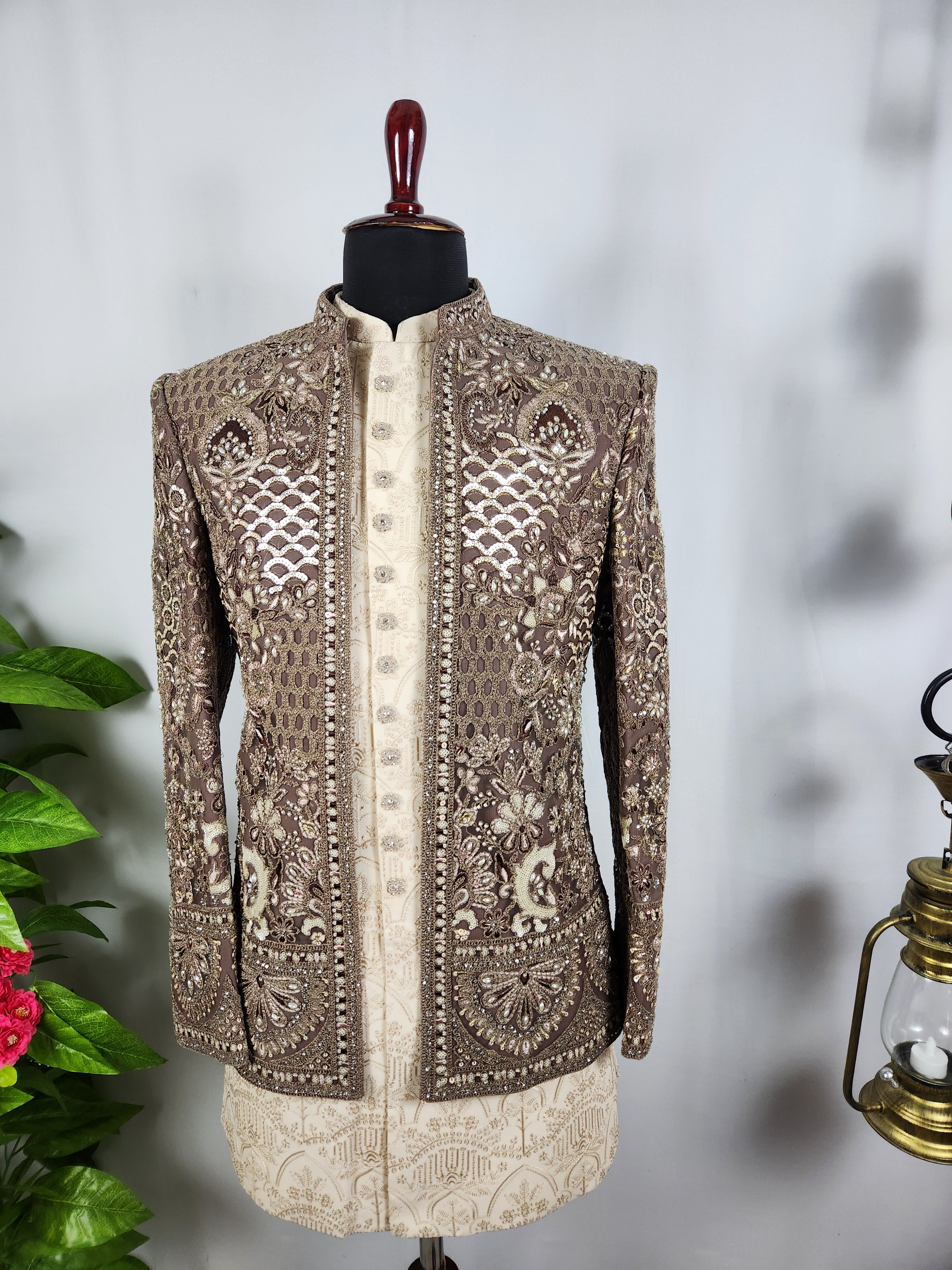 Champagne Beige Indo-Western Sherwani for Men | Indian Groom Wedding Outfit