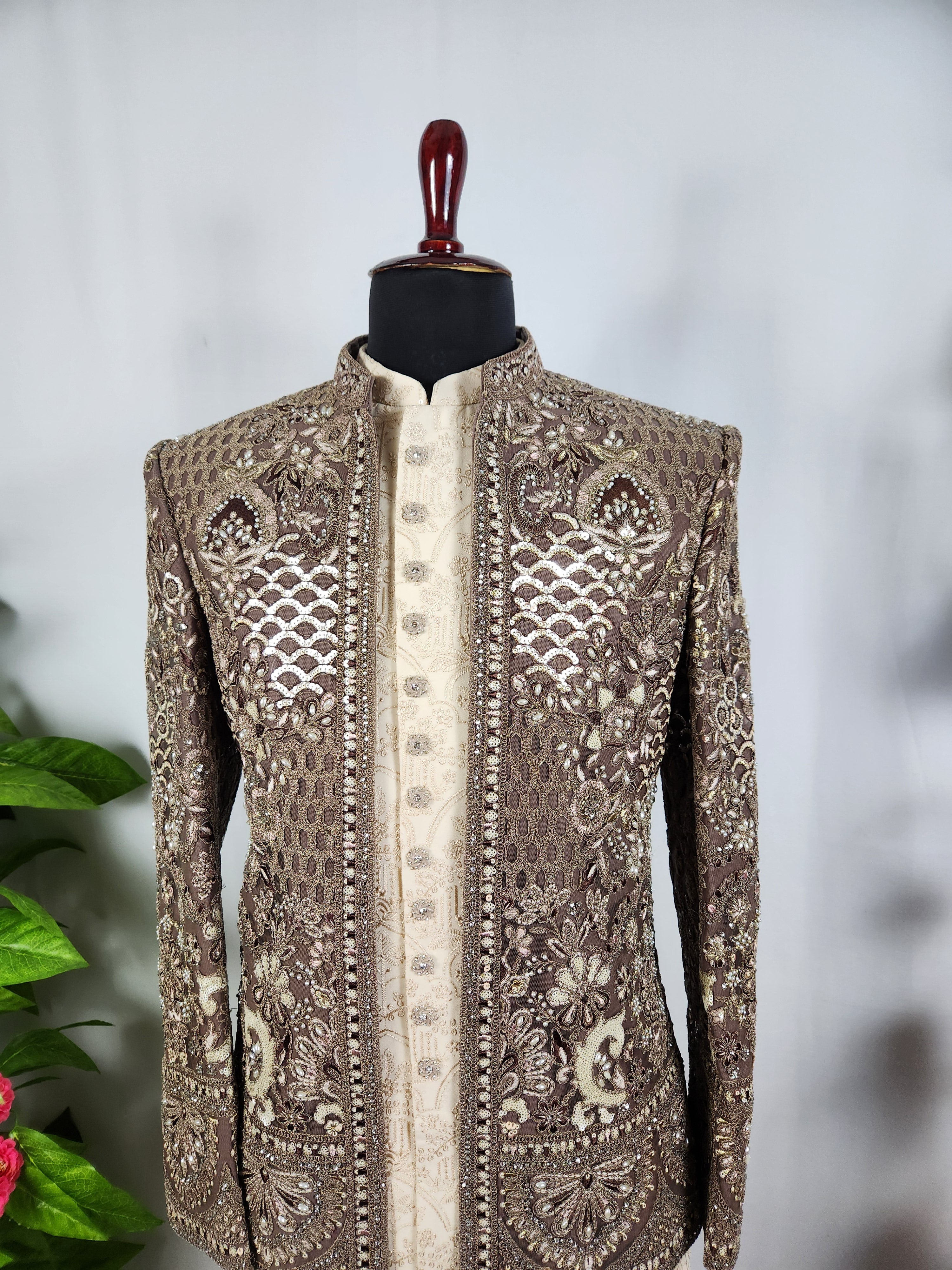 Champagne Beige Indo-Western Sherwani for Men | Indian Groom Wedding Outfit