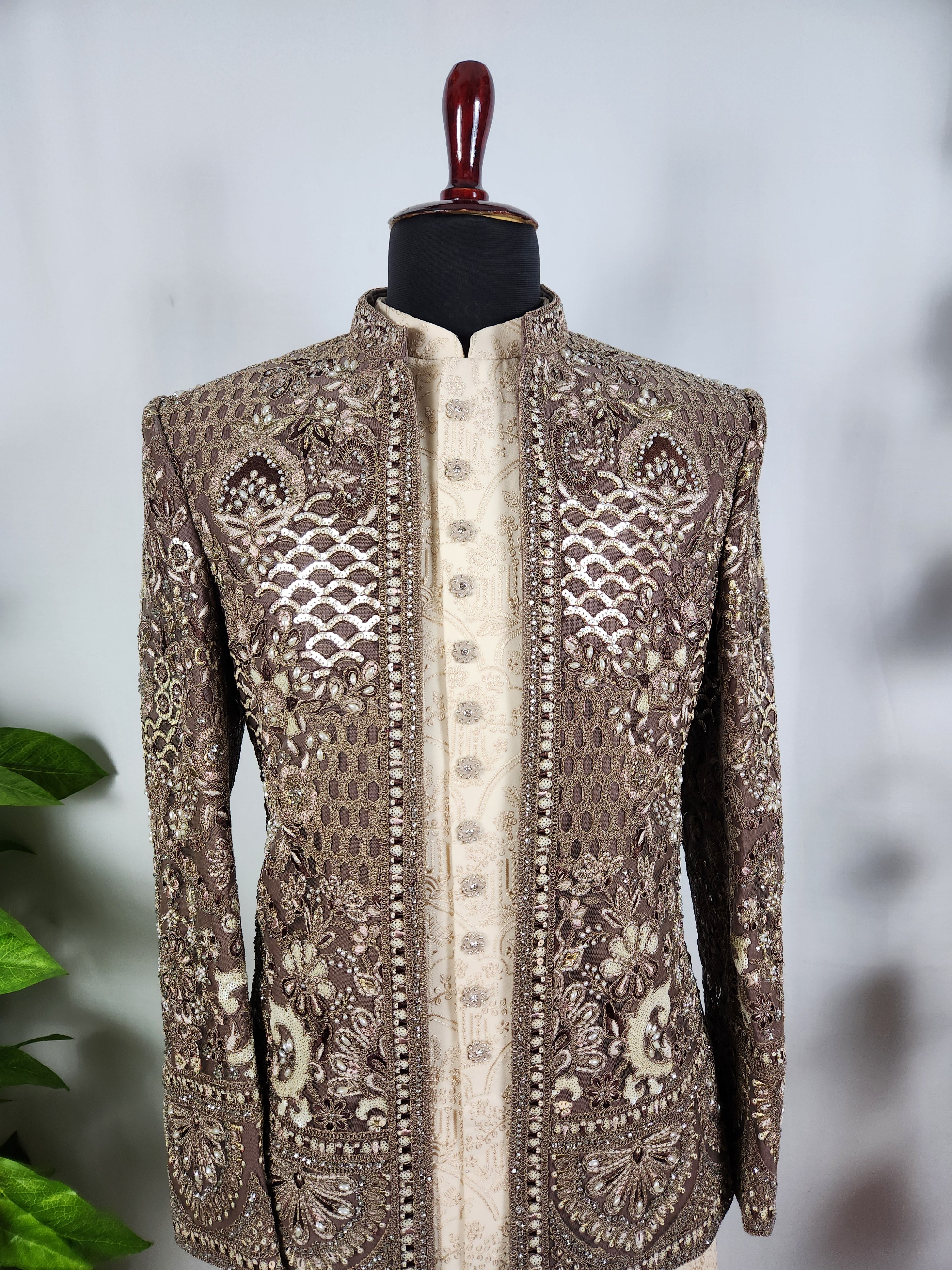Champagne Beige Indo-Western Sherwani for Men | Indian Groom Wedding Outfit