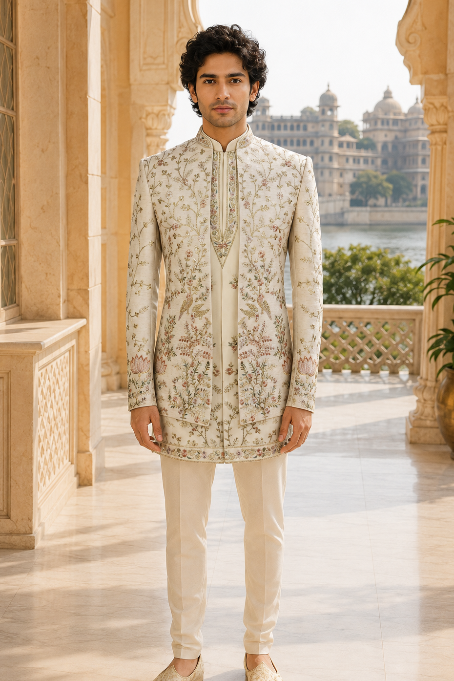 A man wearing a cream and gold heavily embroidered sherwani jacket with matching cream trousers and gold shoes, standing in a grand stone corridor with a palace and water in the background