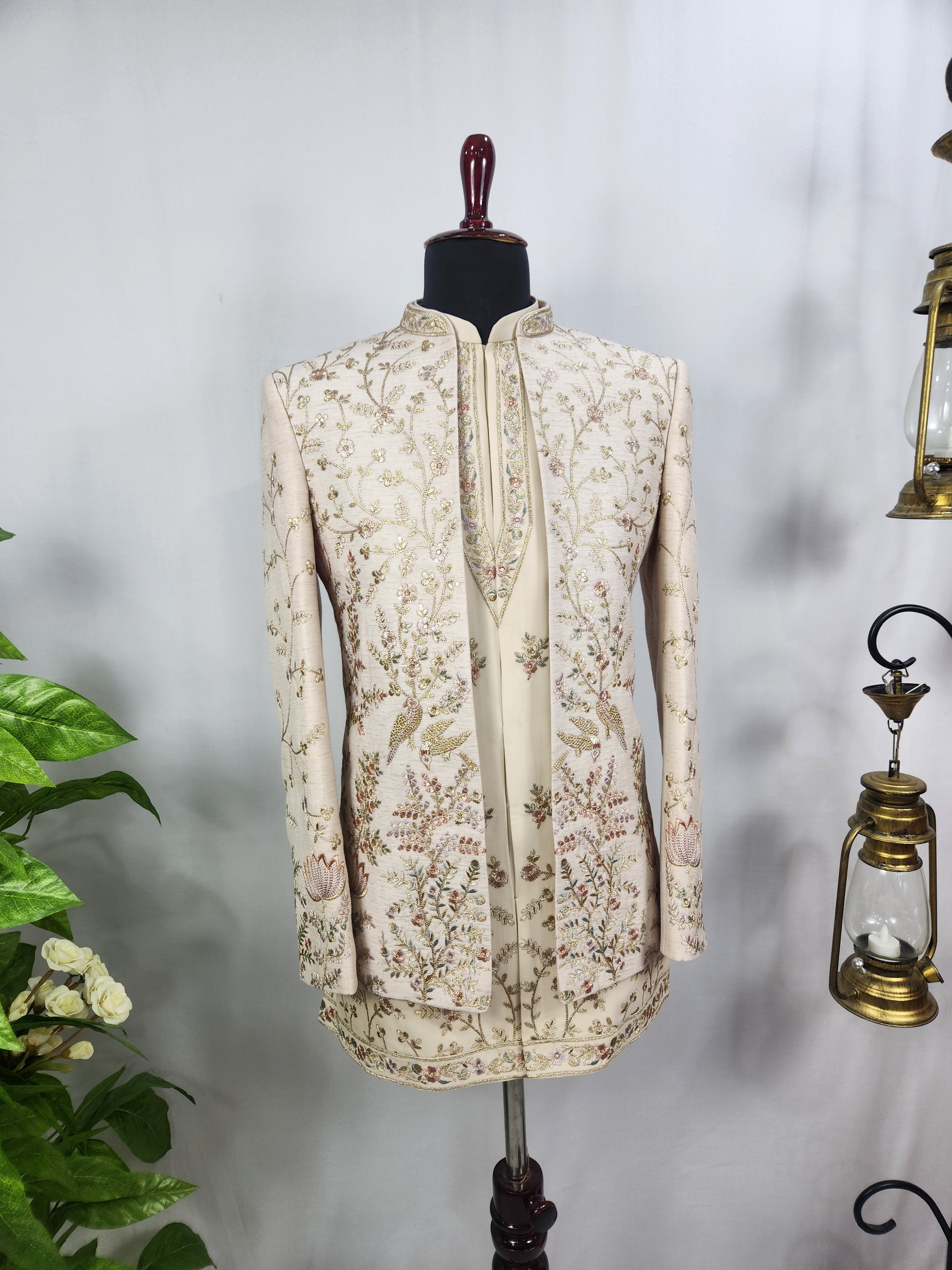 Cream Indo-Western Sherwani for Men | Indian Groom Wedding Outfit