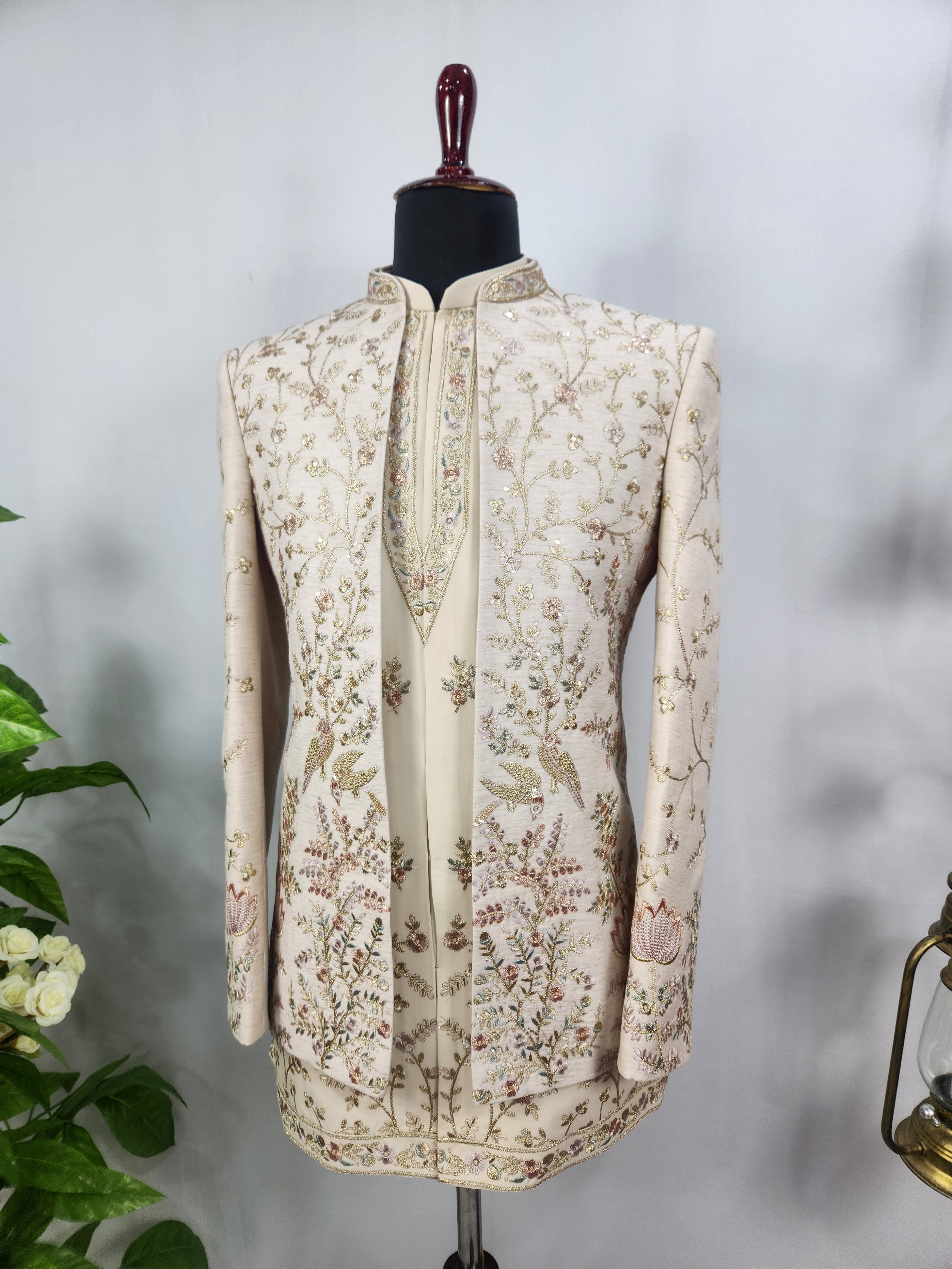 Cream Indo-Western Sherwani for Men | Indian Groom Wedding Outfit
