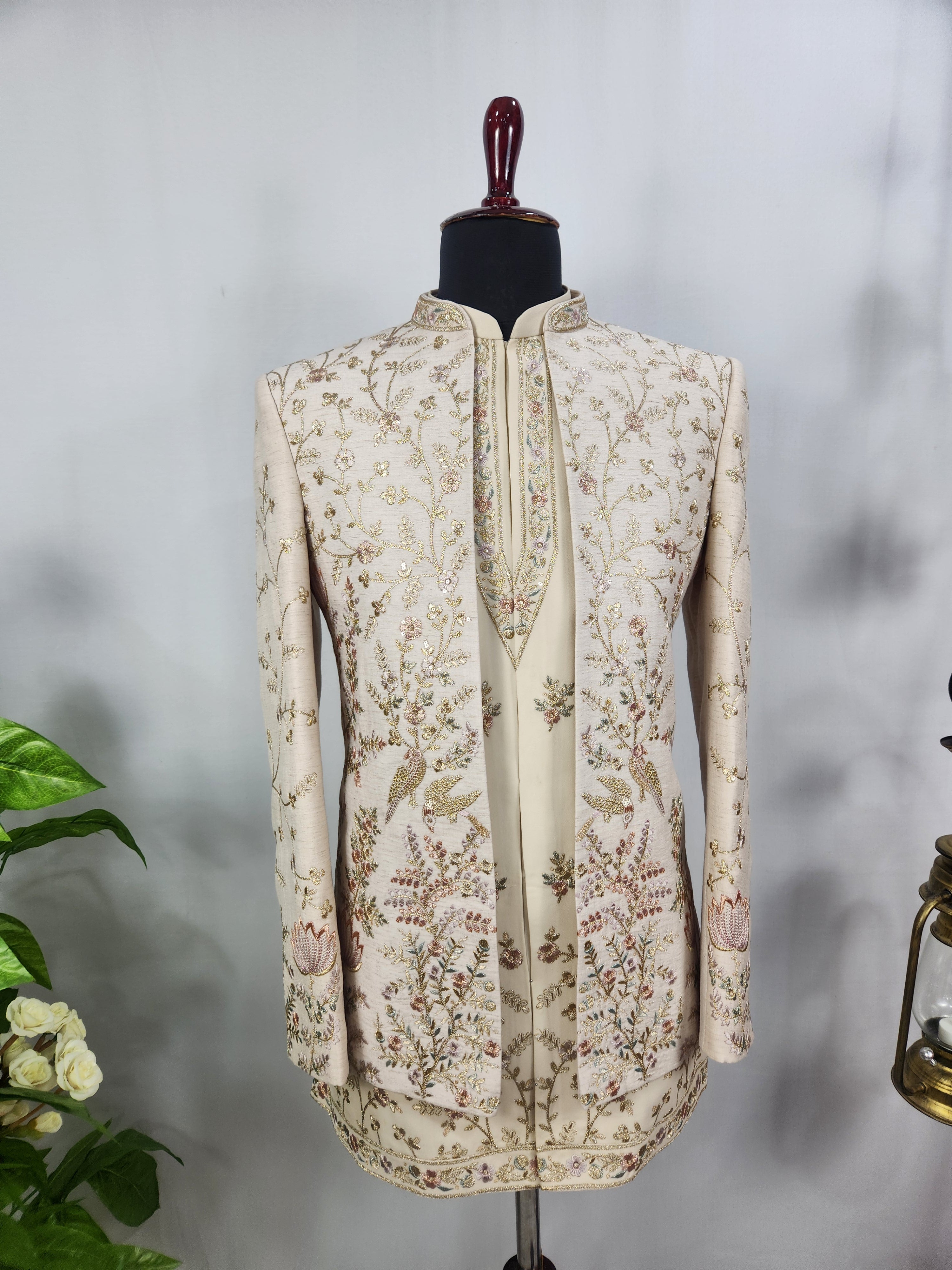 Cream Indo-Western Sherwani for Men | Indian Groom Wedding Outfit
