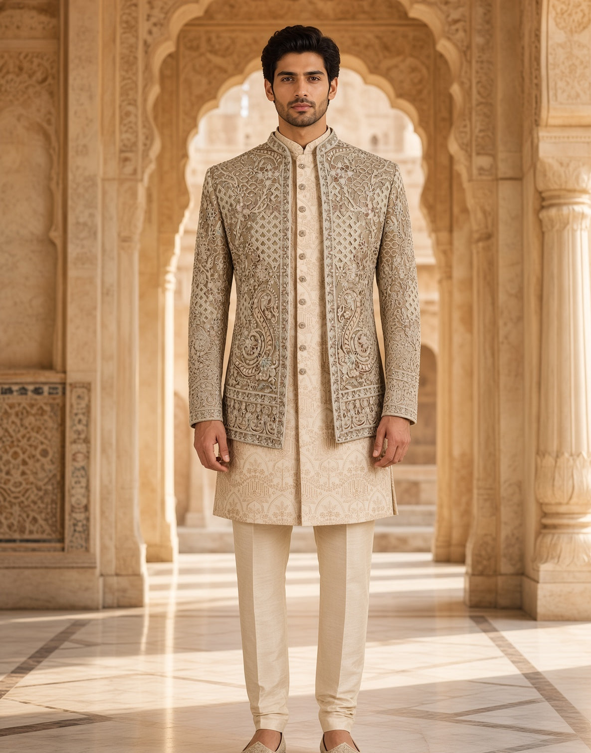 Champagne Beige Indo-Western Sherwani for Men | Indian Groom Wedding Outfit