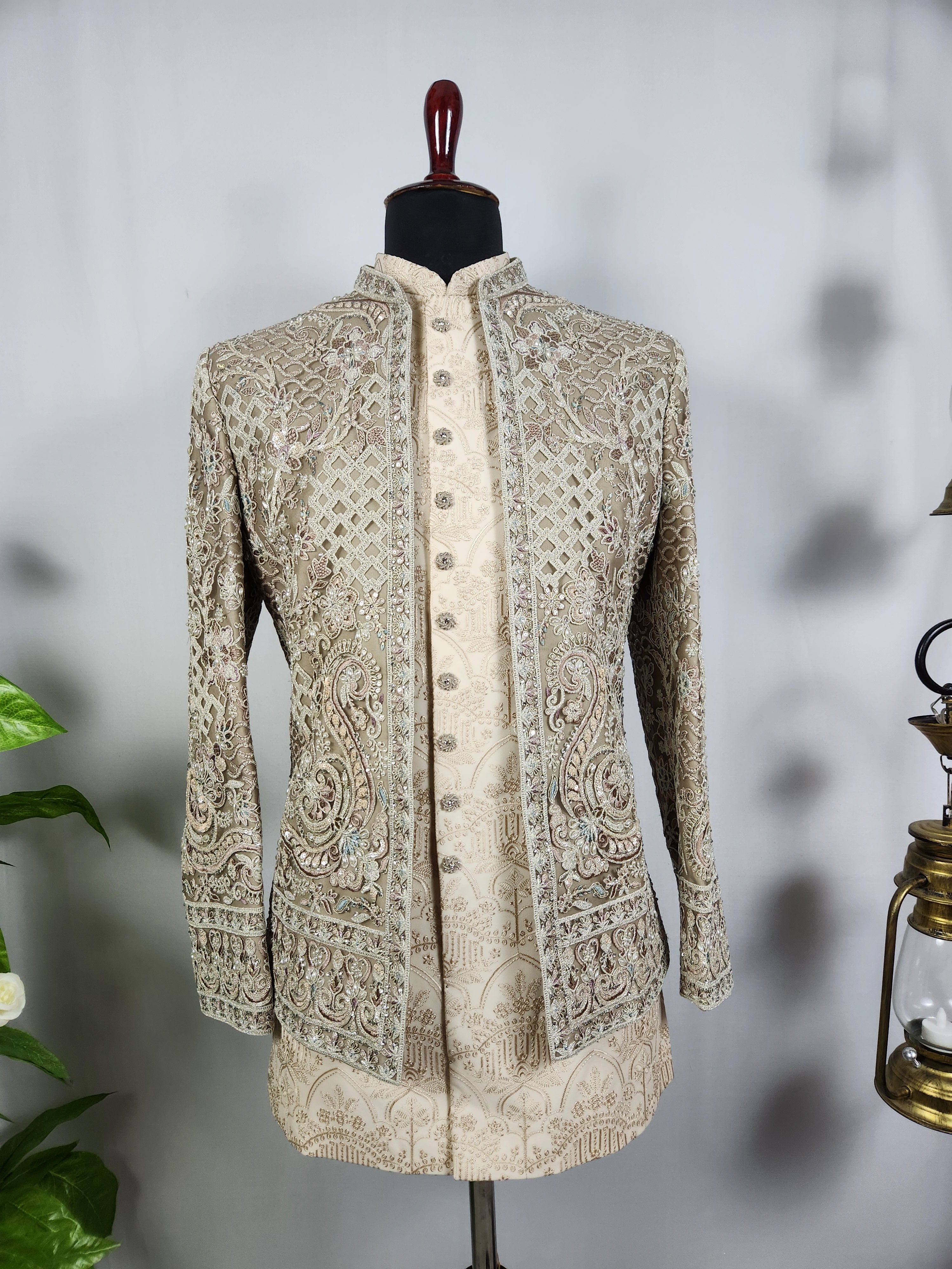 Champagne Beige Indo-Western Sherwani for Men | Indian Groom Wedding Outfit