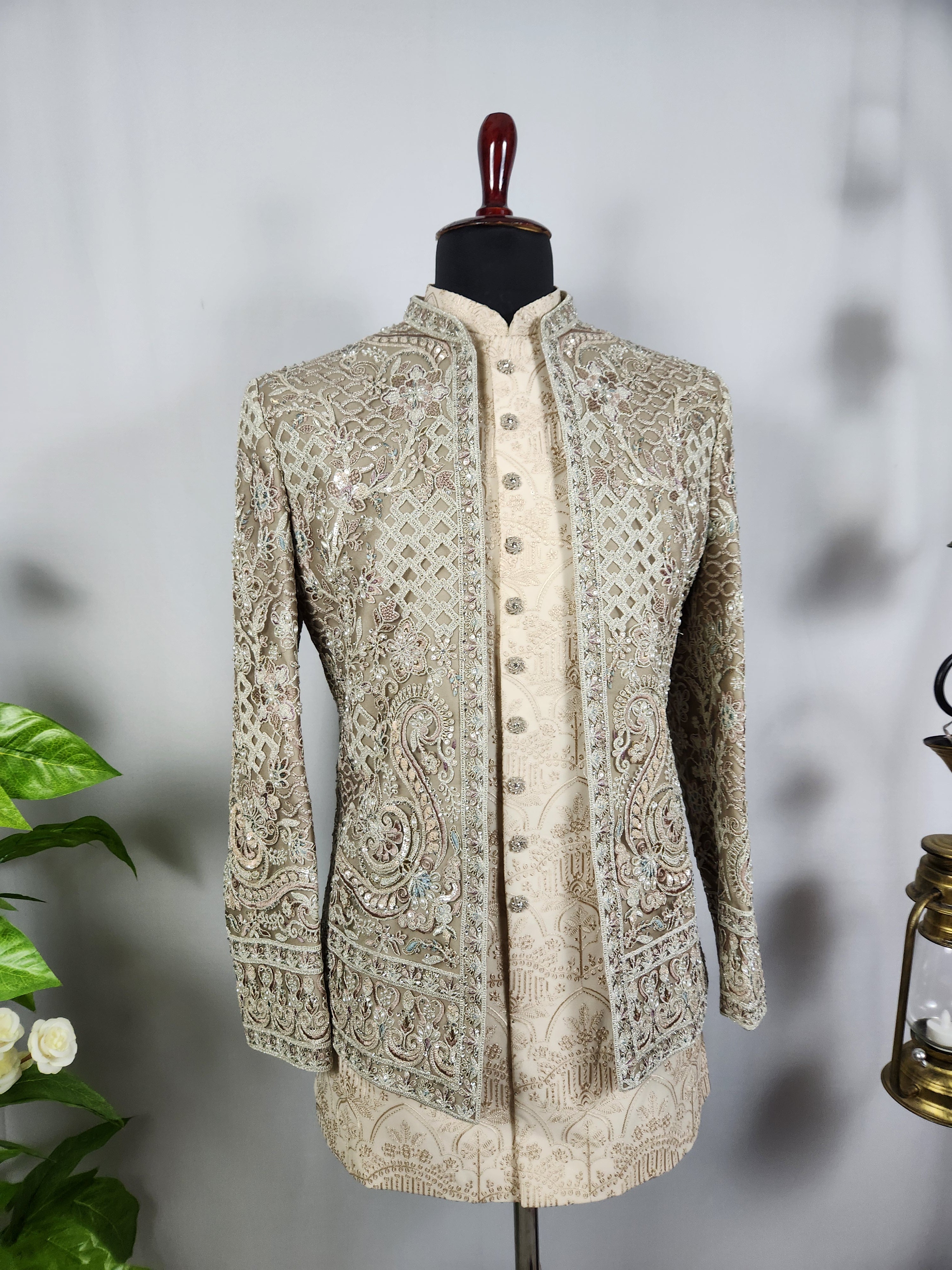 Champagne Beige Indo-Western Sherwani for Men | Indian Groom Wedding Outfit