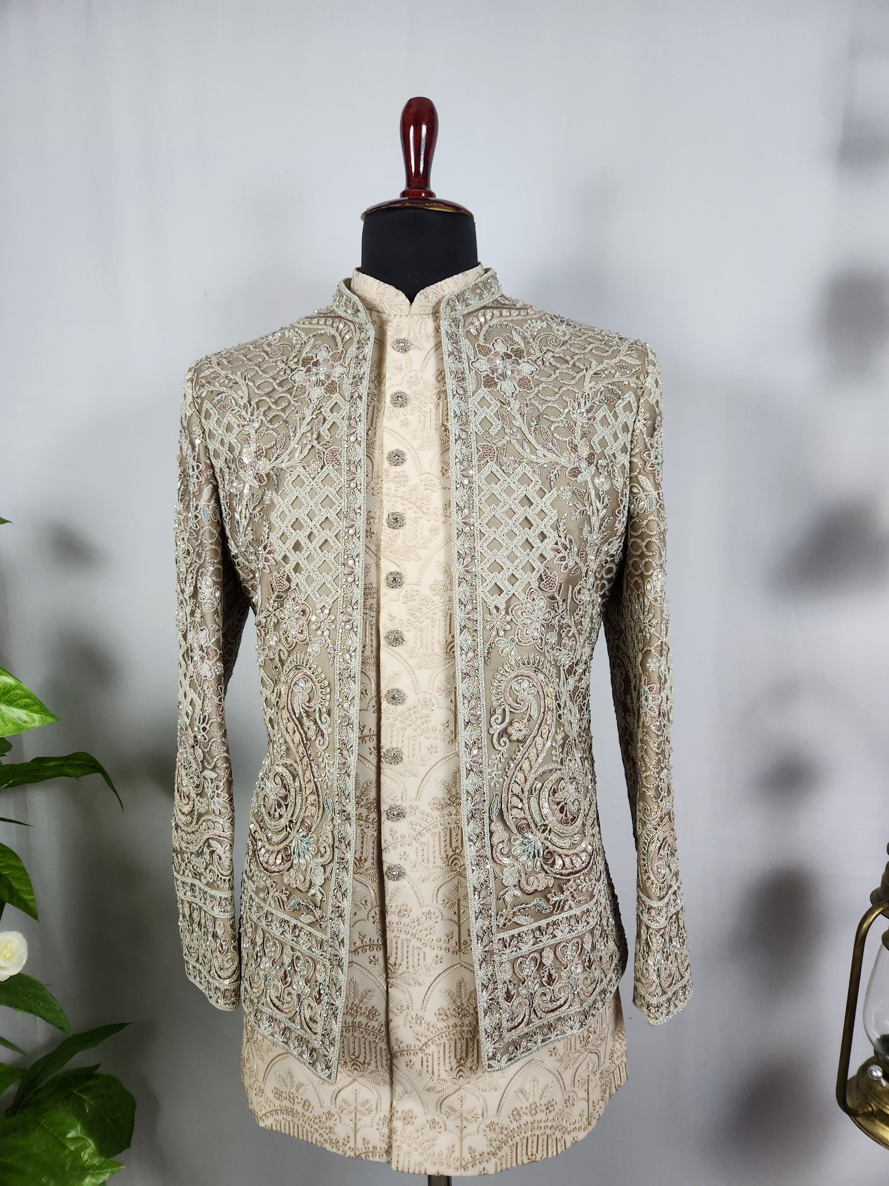 Champagne Beige Indo-Western Sherwani for Men | Indian Groom Wedding Outfit