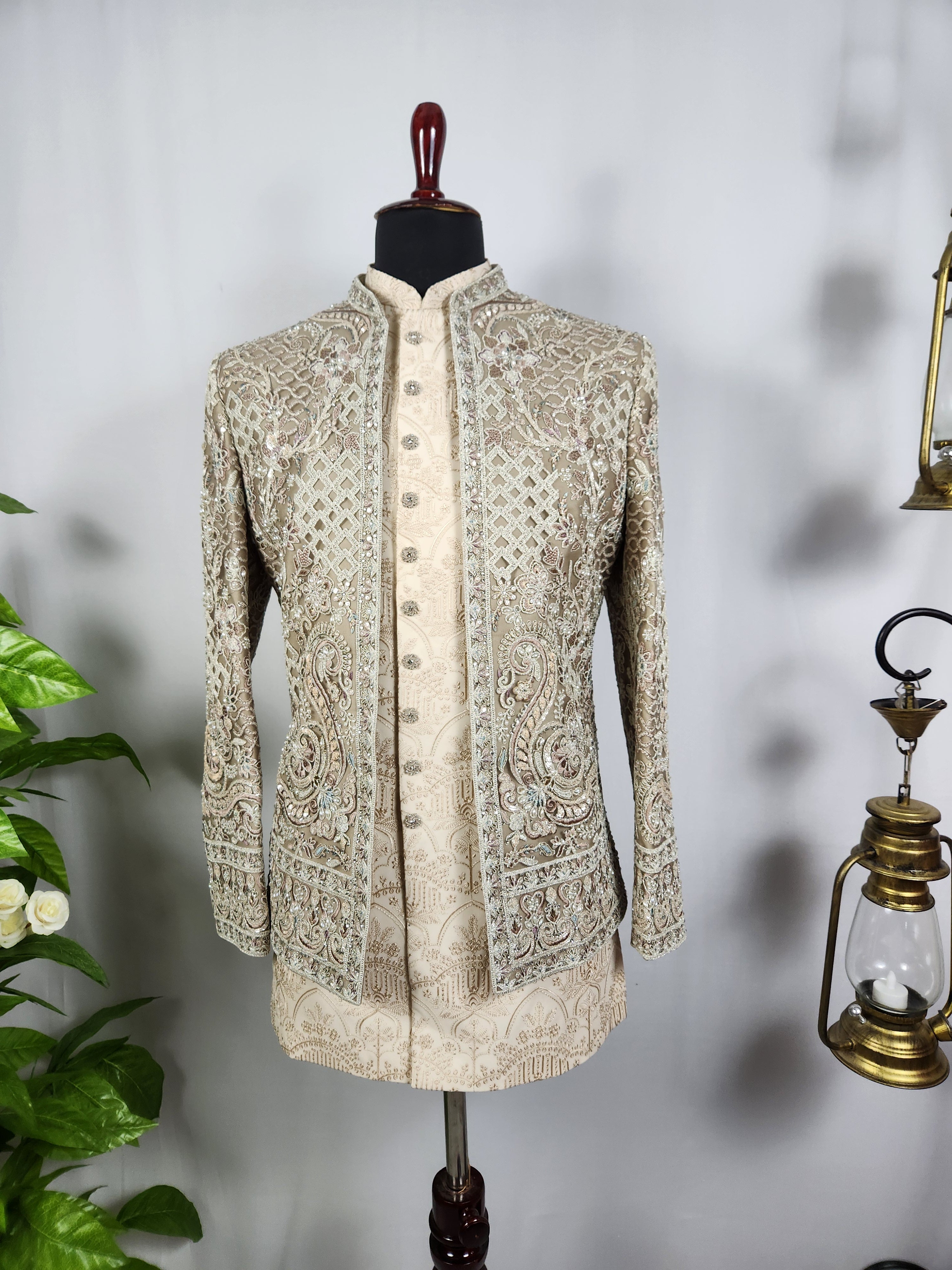 Champagne Beige Indo-Western Sherwani for Men | Indian Groom Wedding Outfit