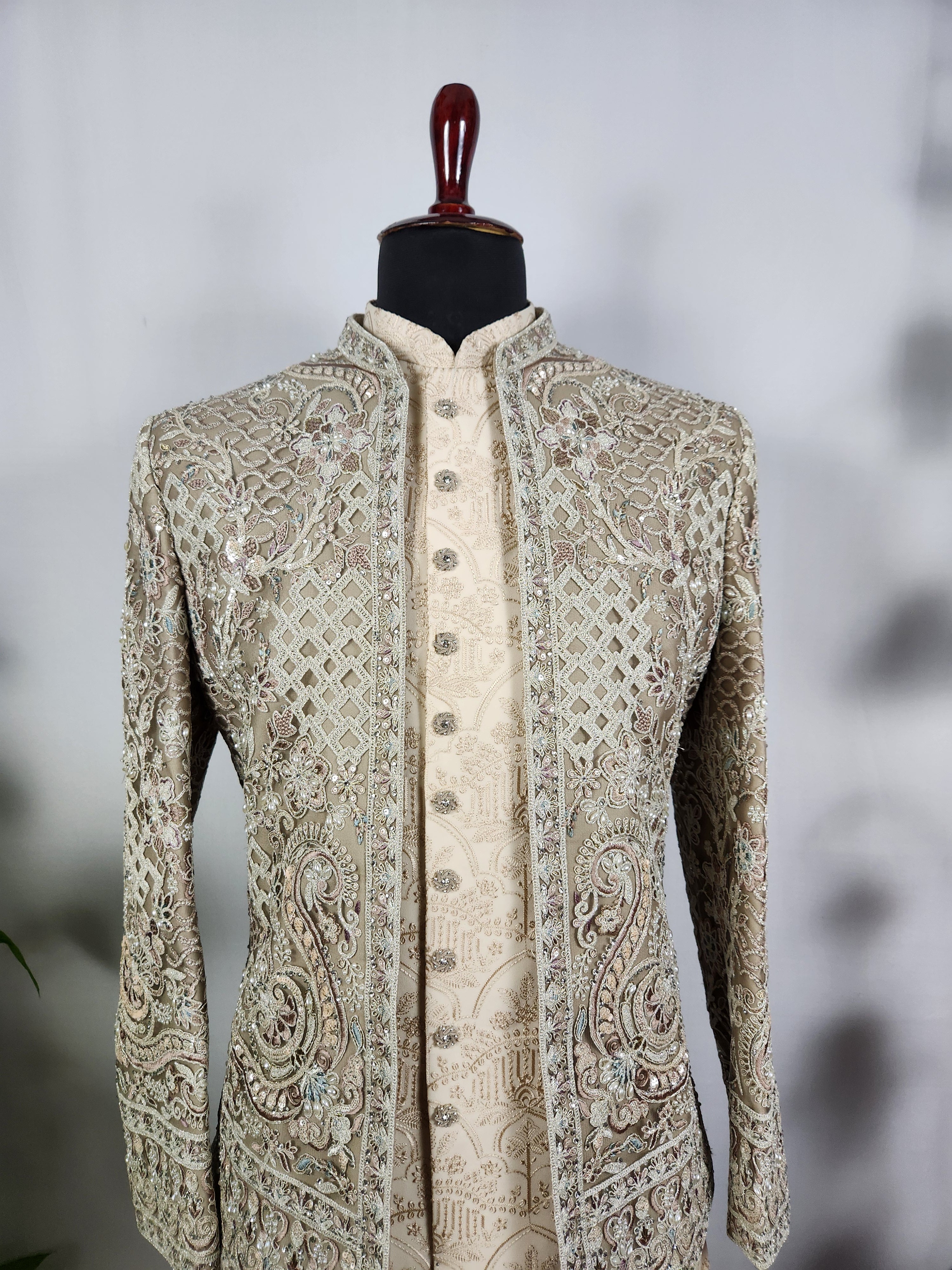 Champagne Beige Indo-Western Sherwani for Men | Indian Groom Wedding Outfit