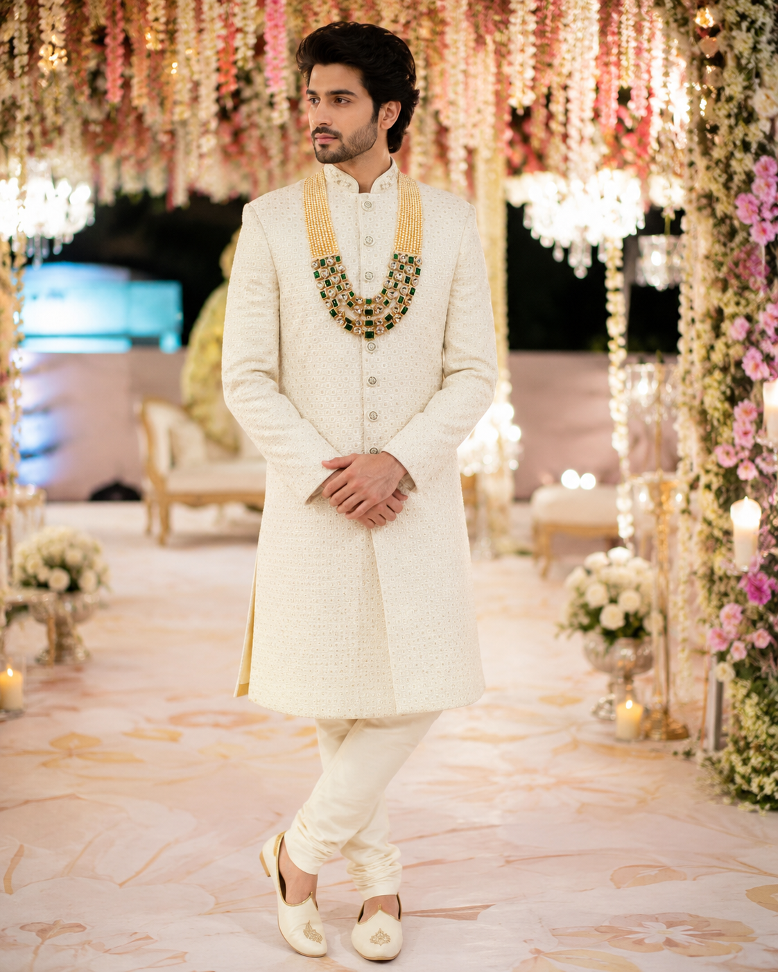 Emerald Kundan Necklace Groom | Wedding Mala For Sherwani