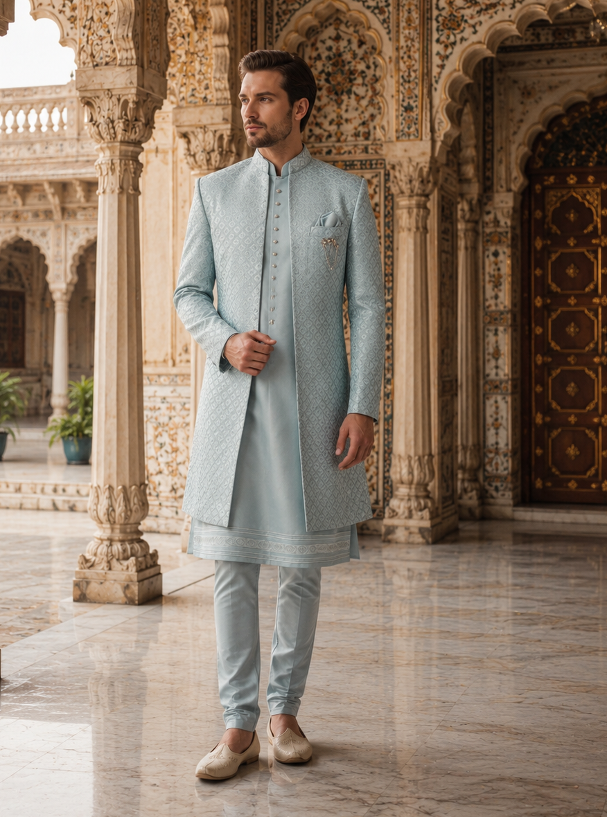 A man wearing a light blue embroidered sherwani and matching trousers stands in an ornate indoor courtyard with carved stone pillars and arches..