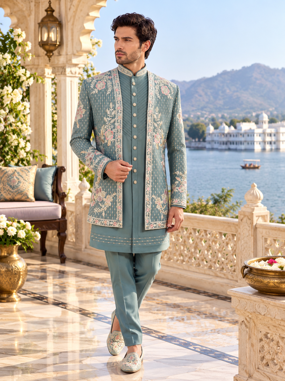 Teal Green Indo-Western Sherwani for Men | Indian Groom Wedding Outfit