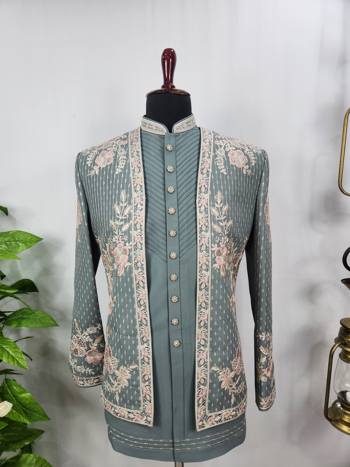 Teal Green Indo-Western Sherwani for Men | Indian Groom Wedding Outfit