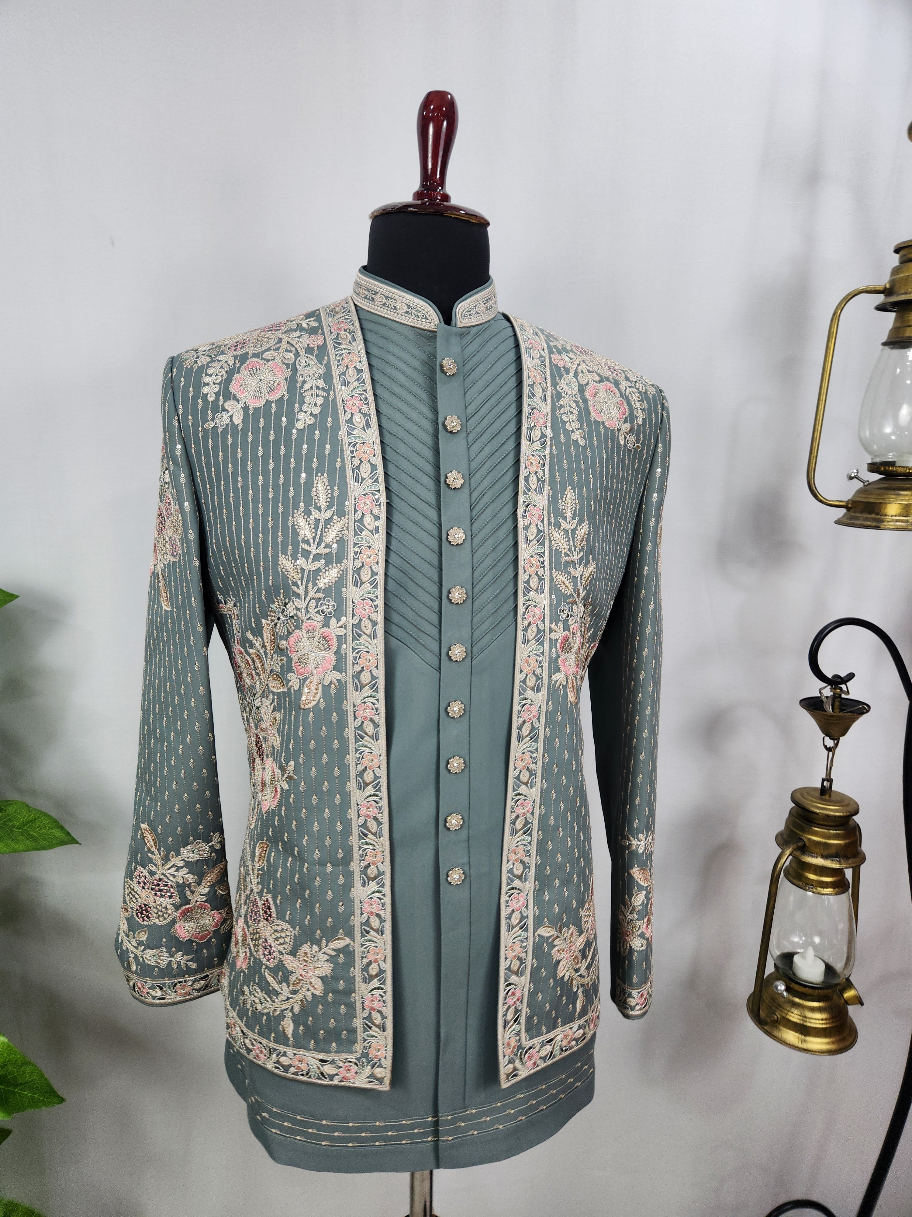 Teal Green Indo-Western Sherwani for Men | Indian Groom Wedding Outfit