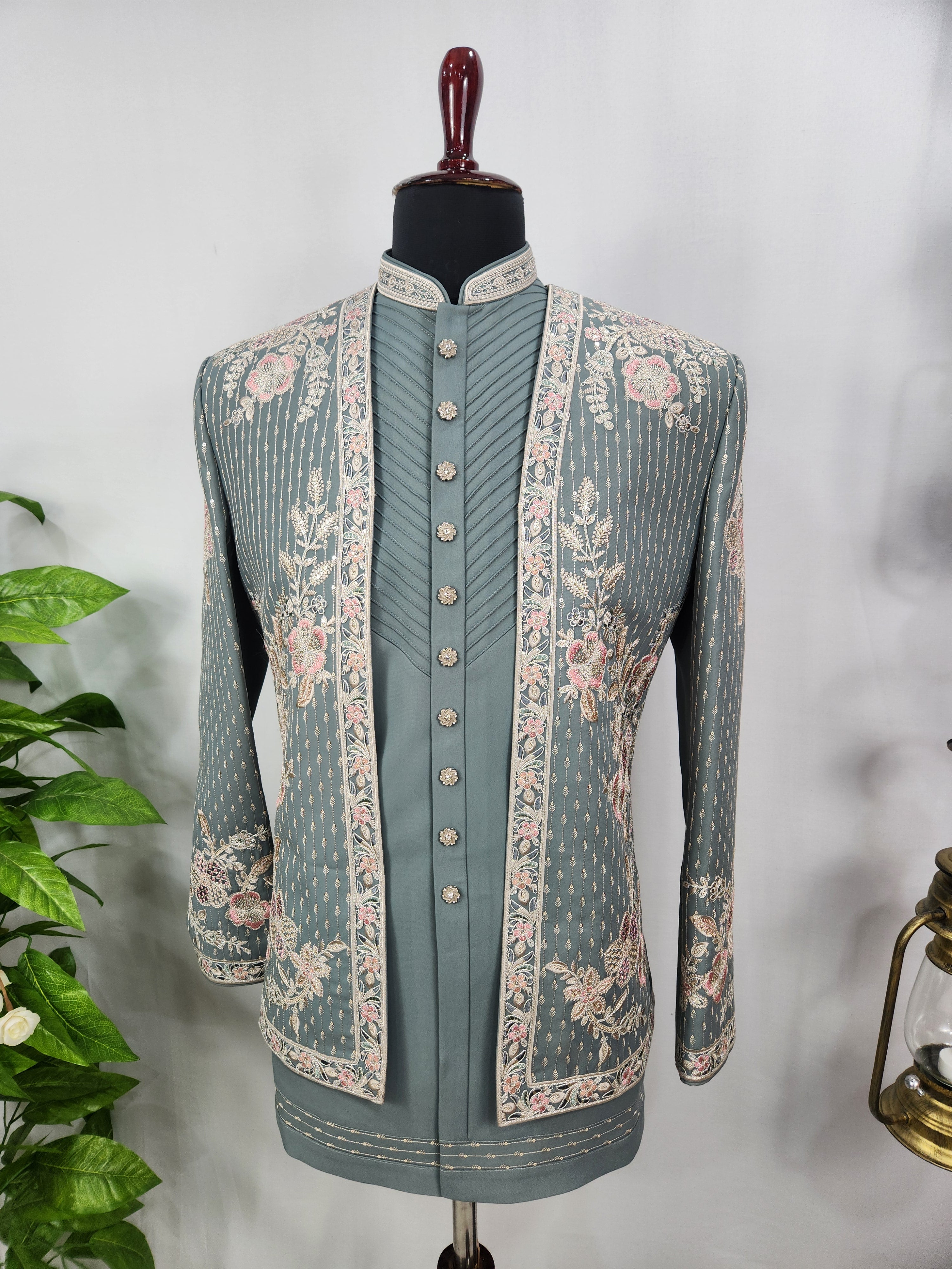 Teal Green Indo-Western Sherwani for Men | Indian Groom Wedding Outfit