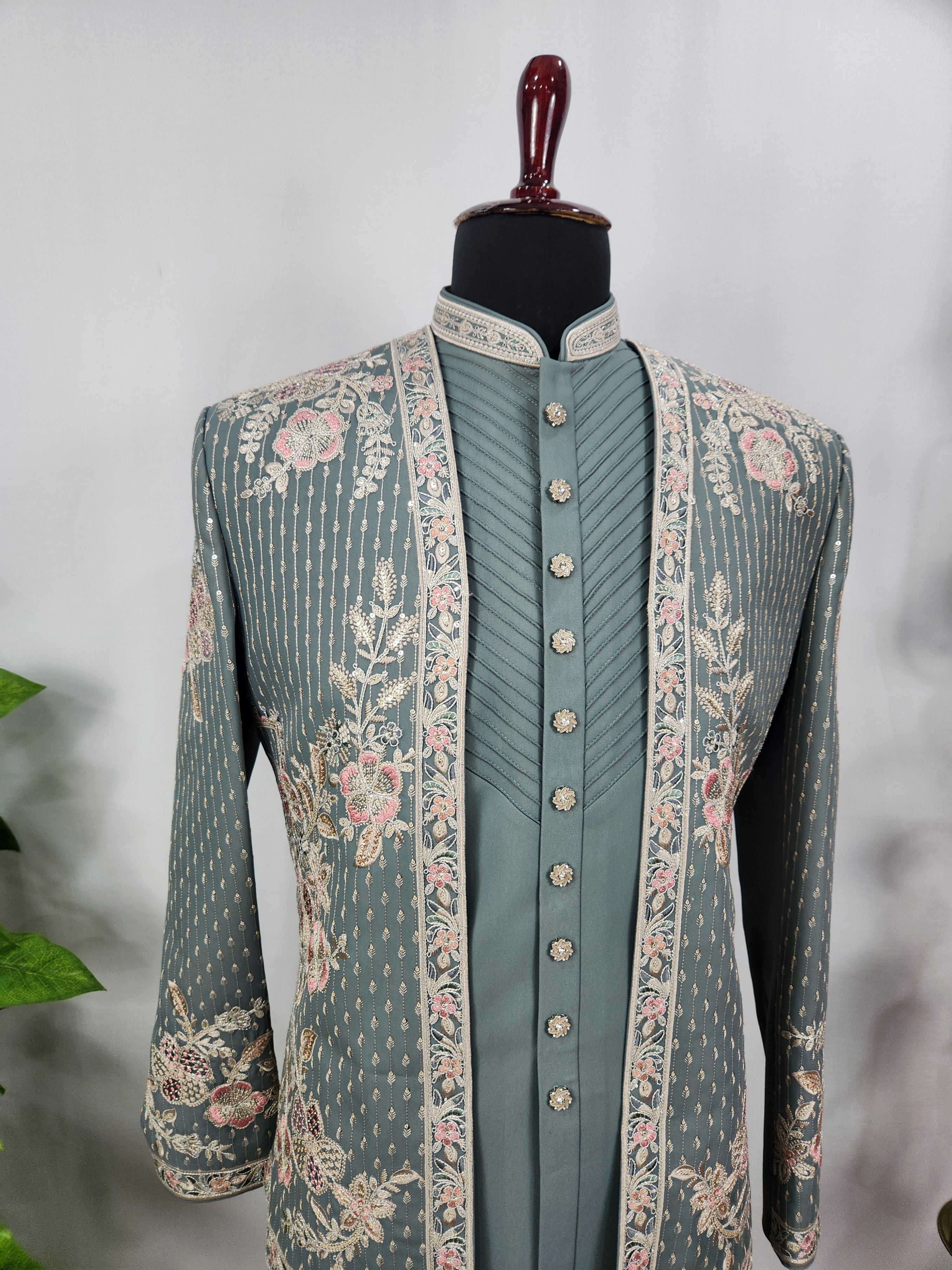 Teal Green Indo-Western Sherwani for Men | Indian Groom Wedding Outfit
