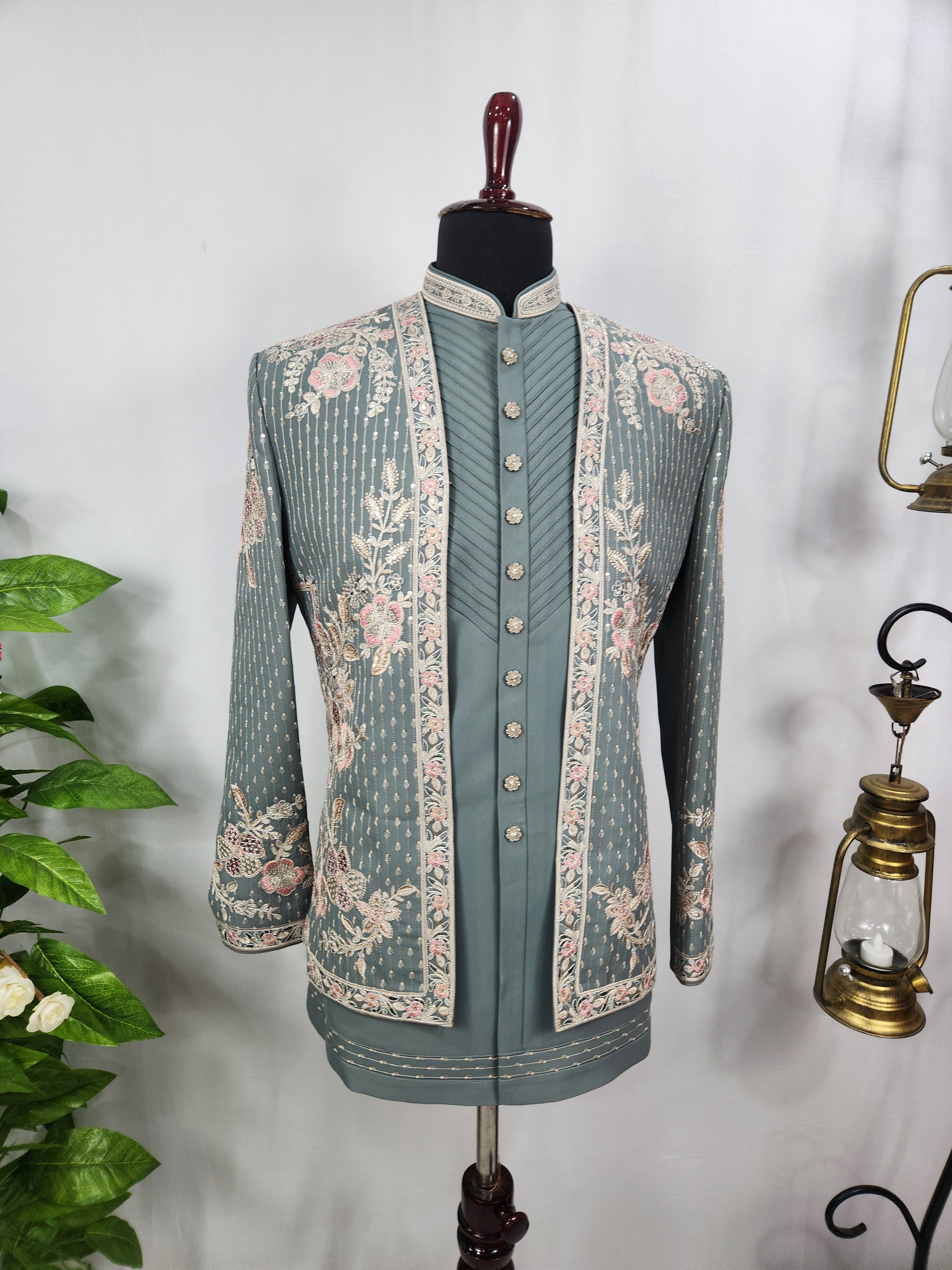 Teal Green Indo-Western Sherwani for Men | Indian Groom Wedding Outfit