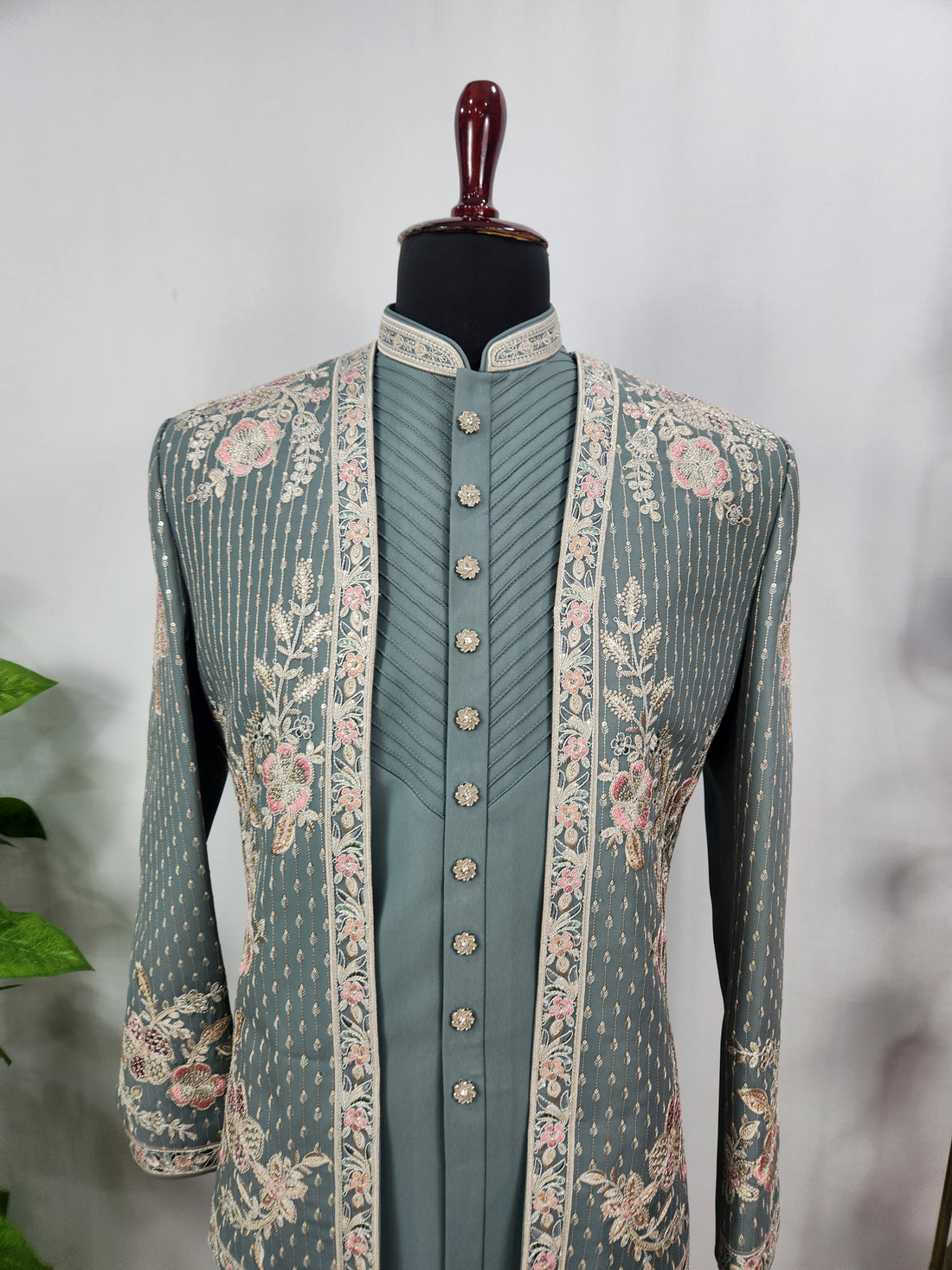 Teal Green Indo-Western Sherwani for Men | Indian Groom Wedding Outfit