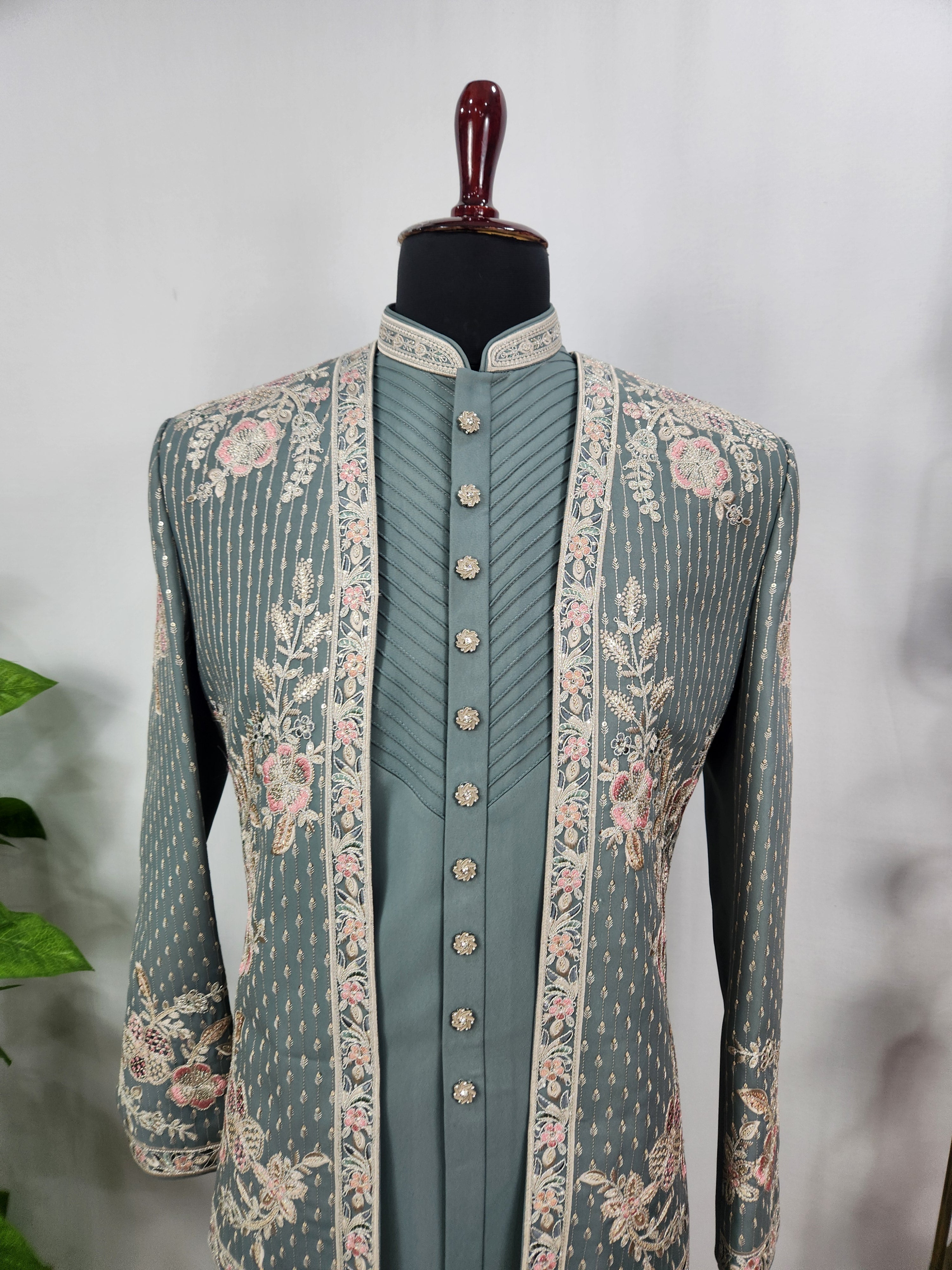 Teal Green Indo-Western Sherwani for Men | Indian Groom Wedding Outfit