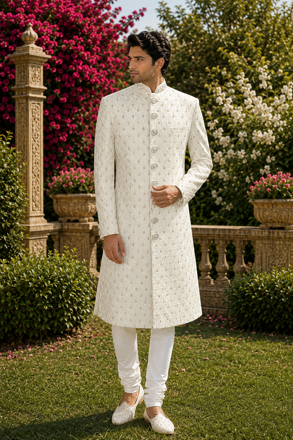 White Wedding Groom Sherwani - Sequin Work | Sherwani For Men