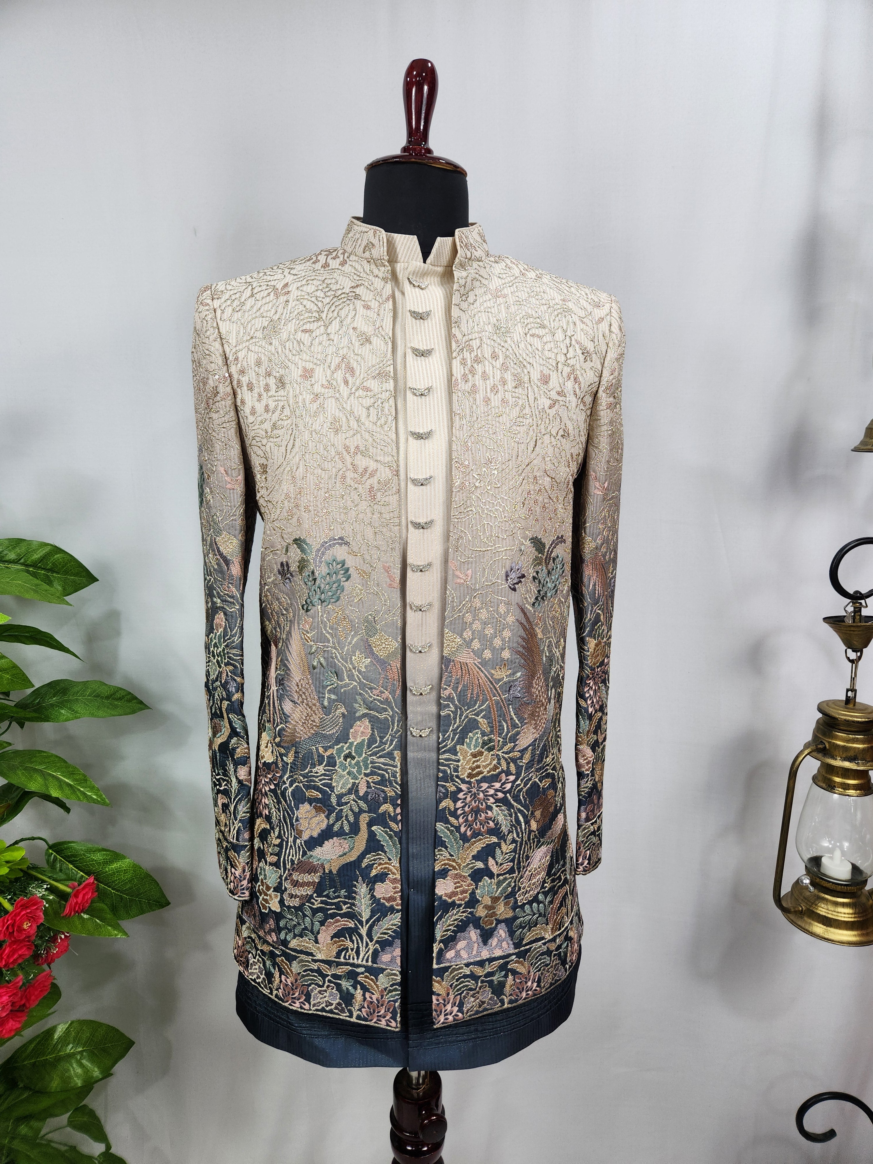 Blue Beige Indo-Western Sherwani for Men | Indian Groom Wedding Outfit