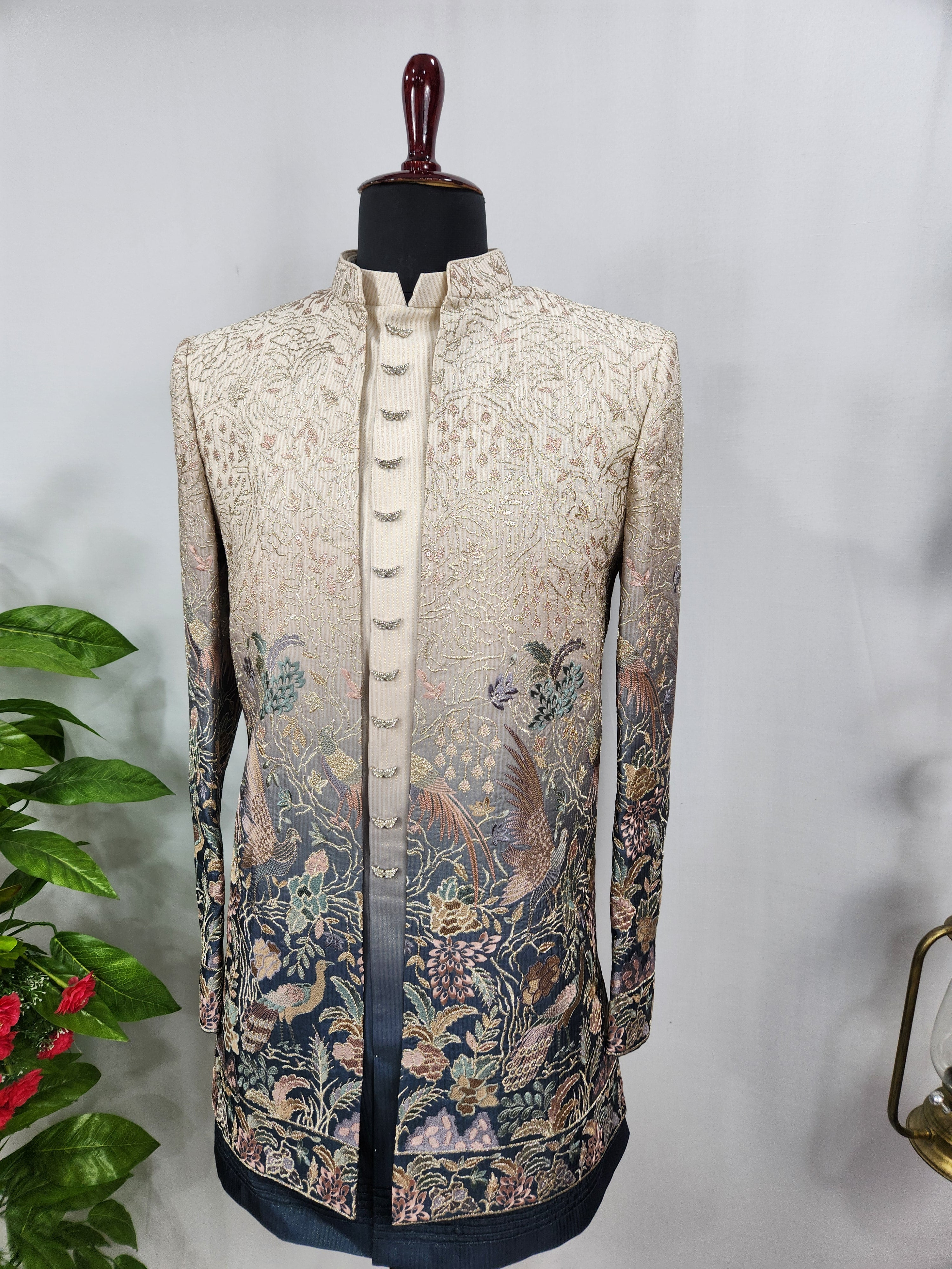 Blue Beige Indo-Western Sherwani for Men | Indian Groom Wedding Outfit