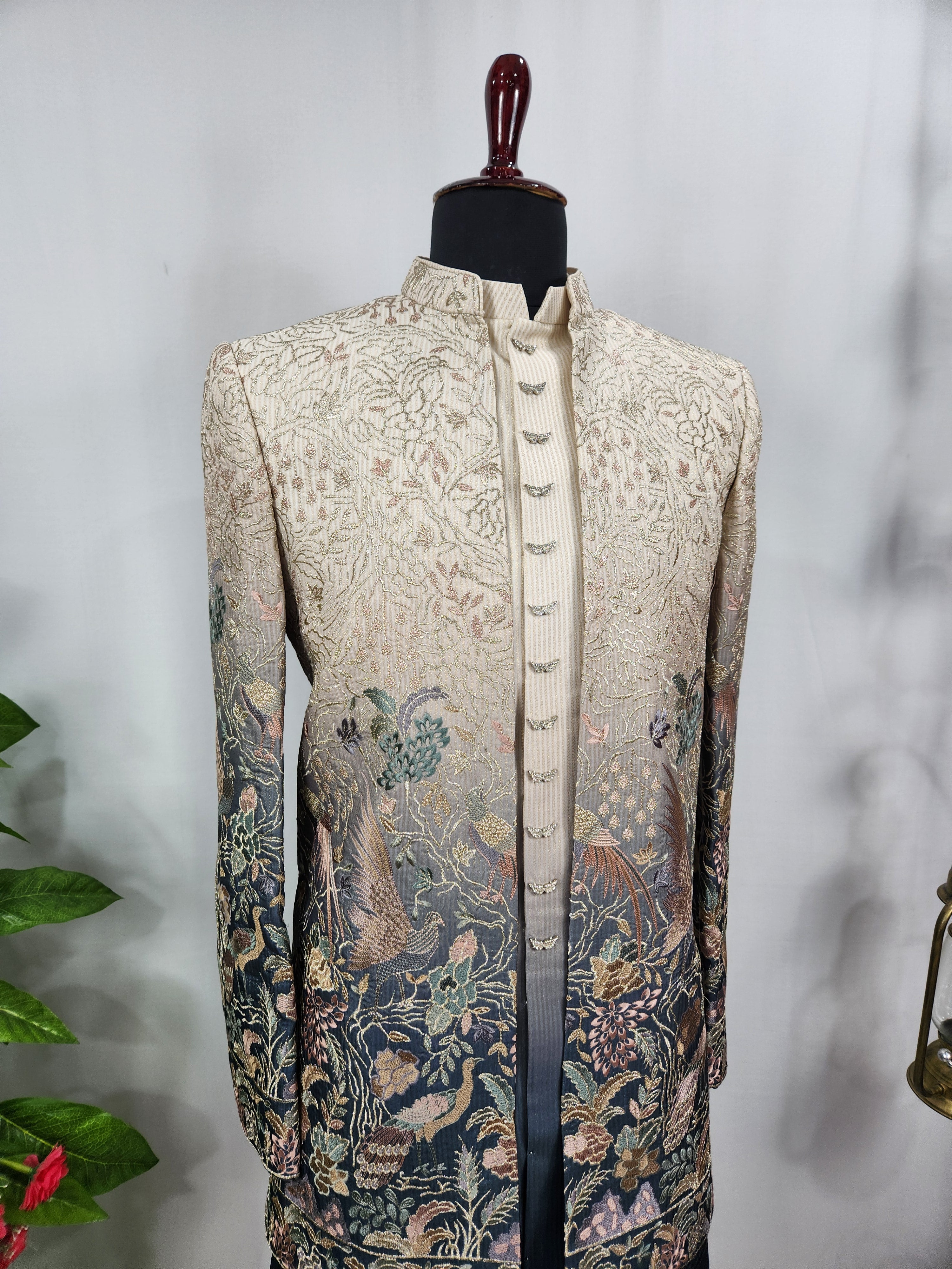 Blue Beige Indo-Western Sherwani for Men | Indian Groom Wedding Outfit