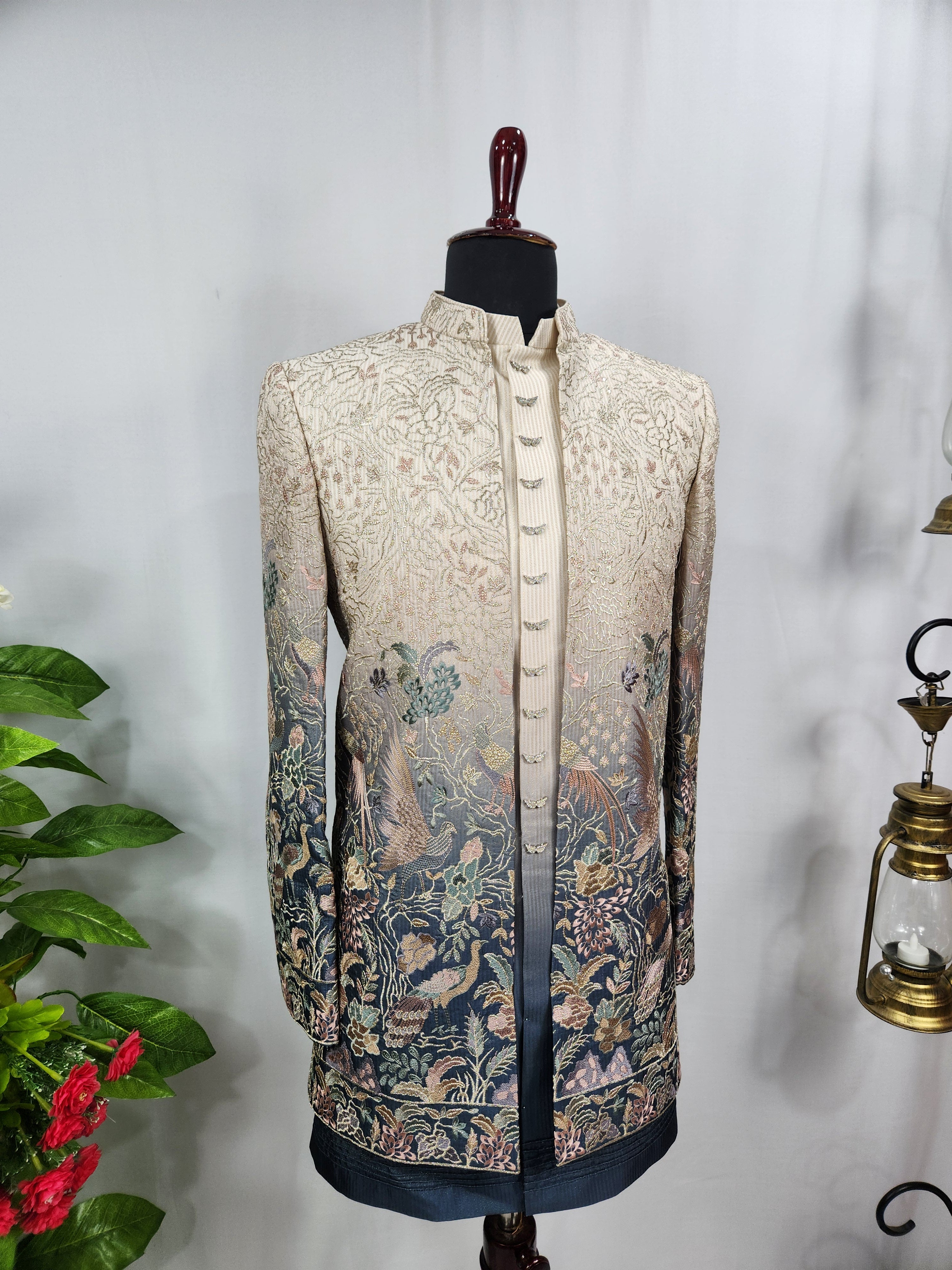 Blue Beige Indo-Western Sherwani for Men | Indian Groom Wedding Outfit