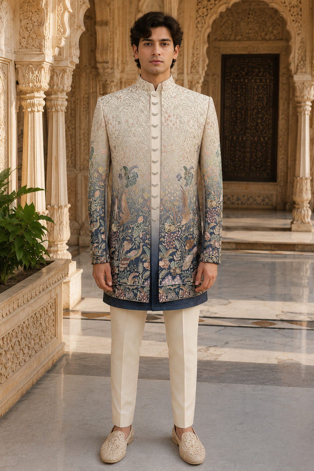 Blue Beige Indo-Western Sherwani for Men | Indian Groom Wedding Outfit